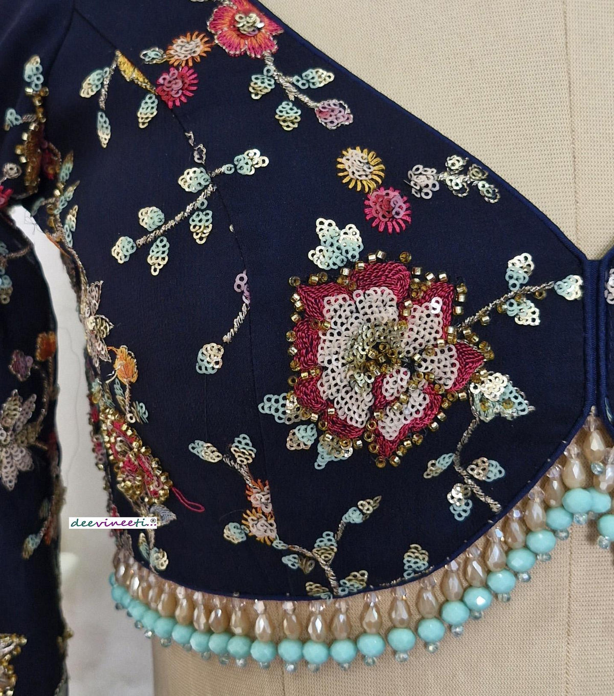 Embroidered Georgette Blouse, Deep Blue, Sweetheart Neck DVBL_401
