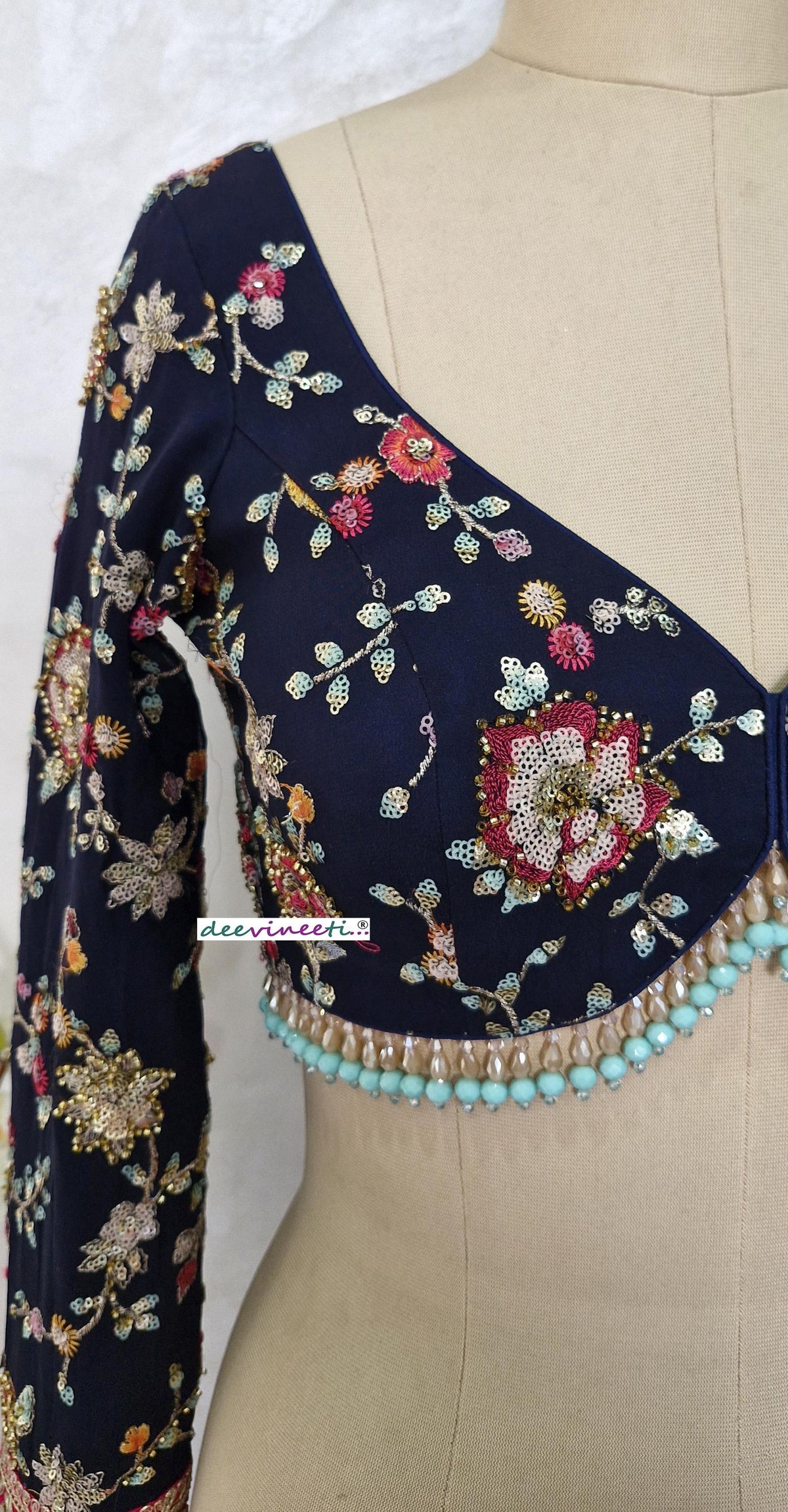 Embroidered Georgette Blouse, Deep Blue, Sweetheart Neck DVBL_401