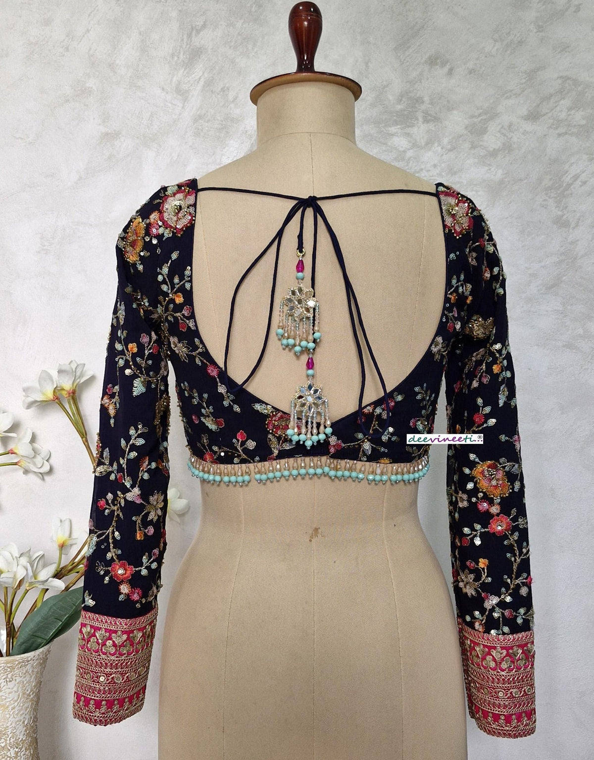 Embroidered Georgette Blouse, Deep Blue, Sweetheart Neck DVBL_401