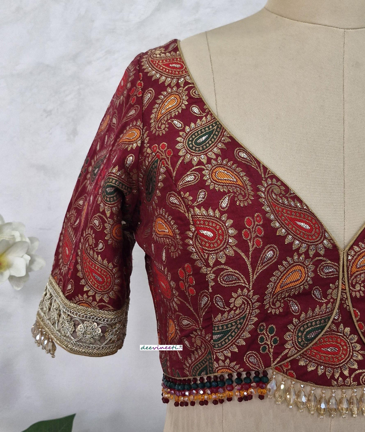 Maroon Brocade Blouse, Deep Sweetheart Neck DVBL_403