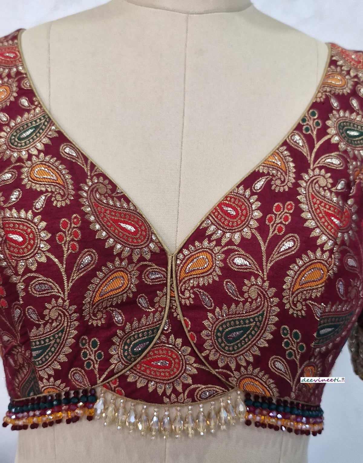 Maroon Brocade Blouse, Deep Sweetheart Neck DVBL_403
