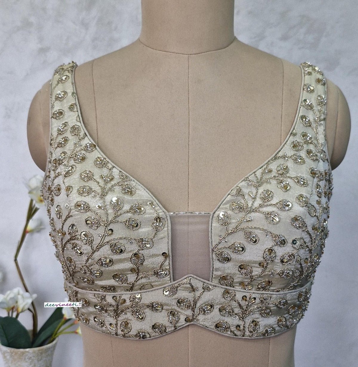 Cream Embroidered Tissue Silk Blouse Sweetheart Neck DVBL_404