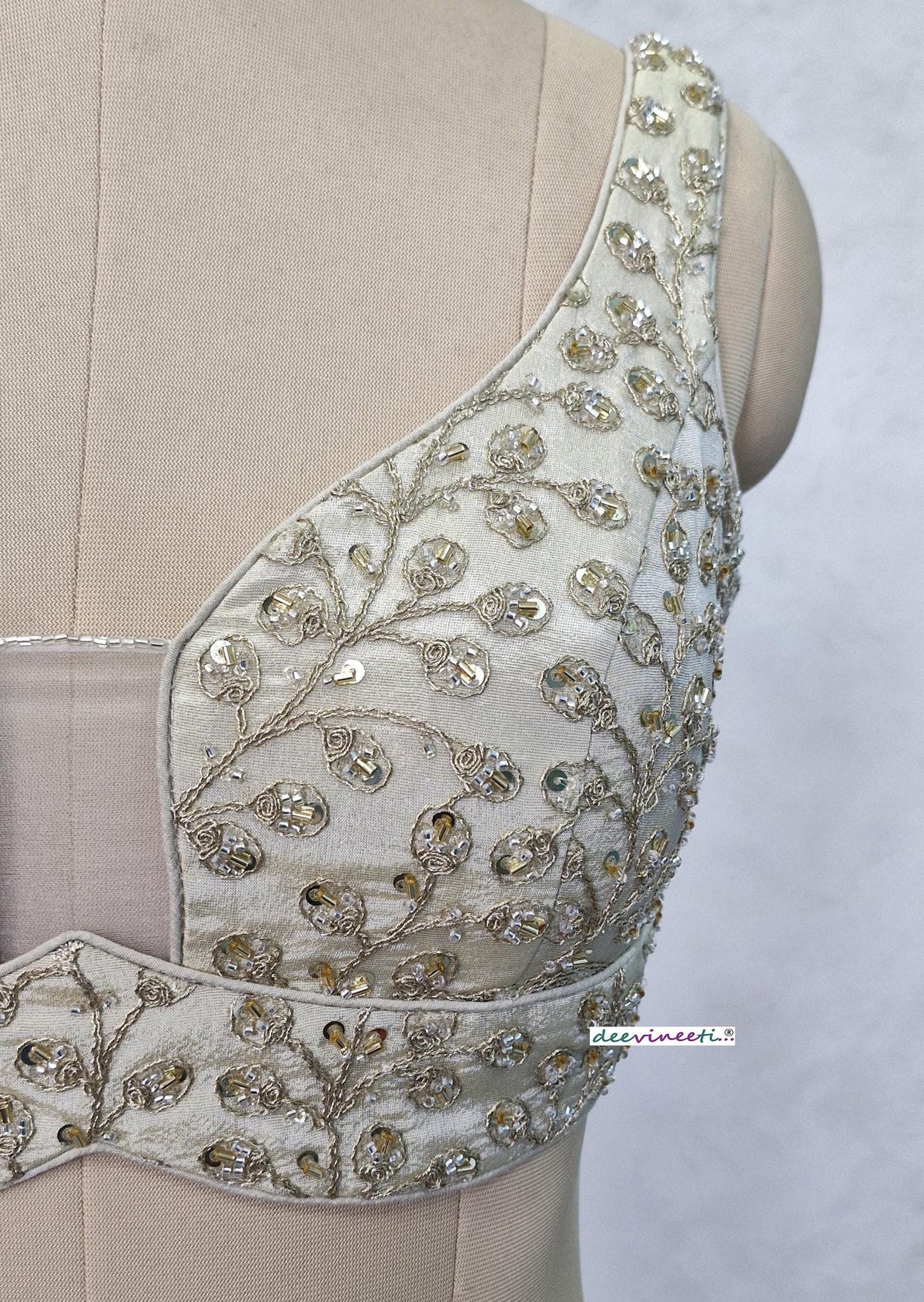 Cream Embroidered Tissue Silk Blouse Sweetheart Neck DVBL_404