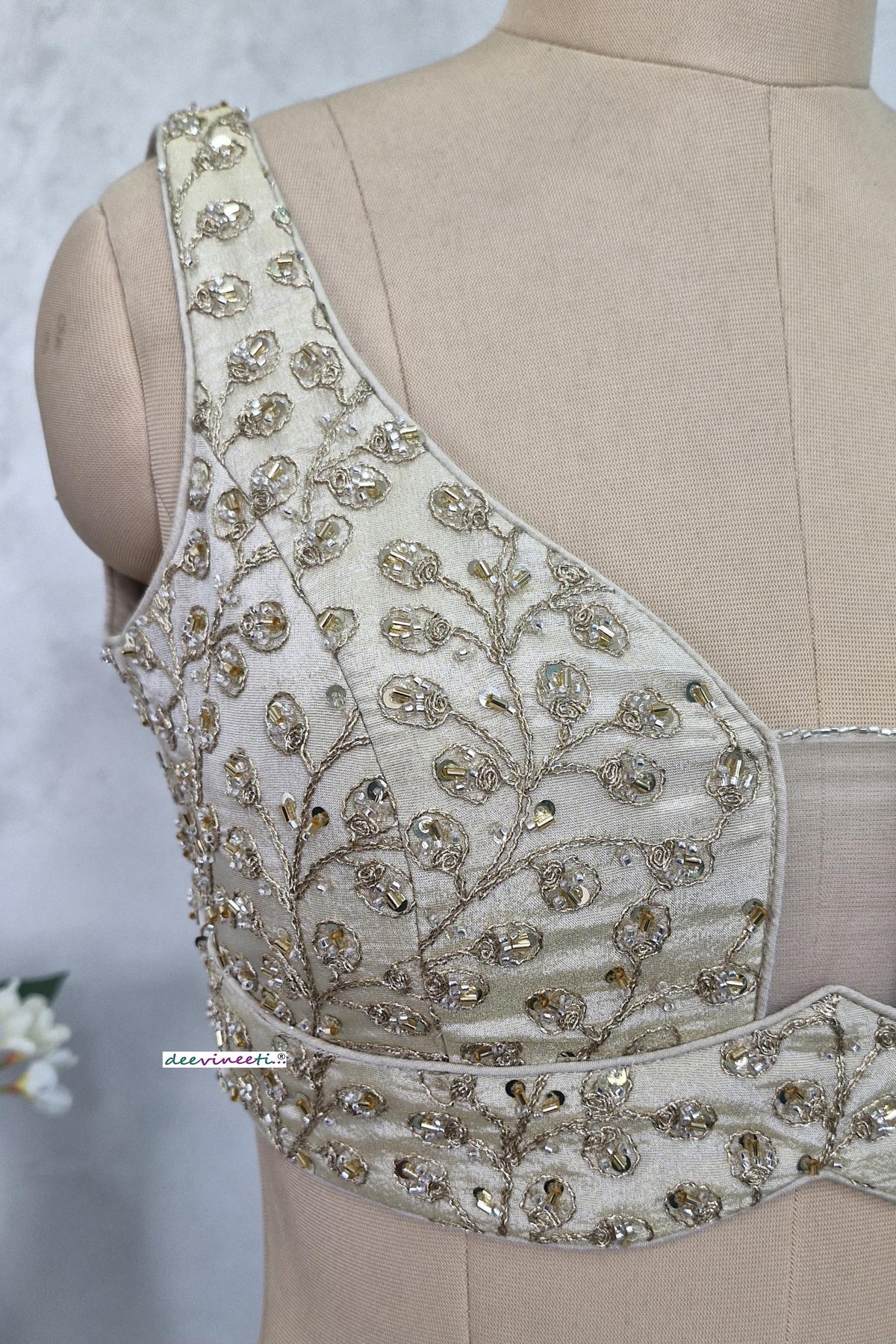 Cream Embroidered Tissue Silk Blouse Sweetheart Neck DVBL_404
