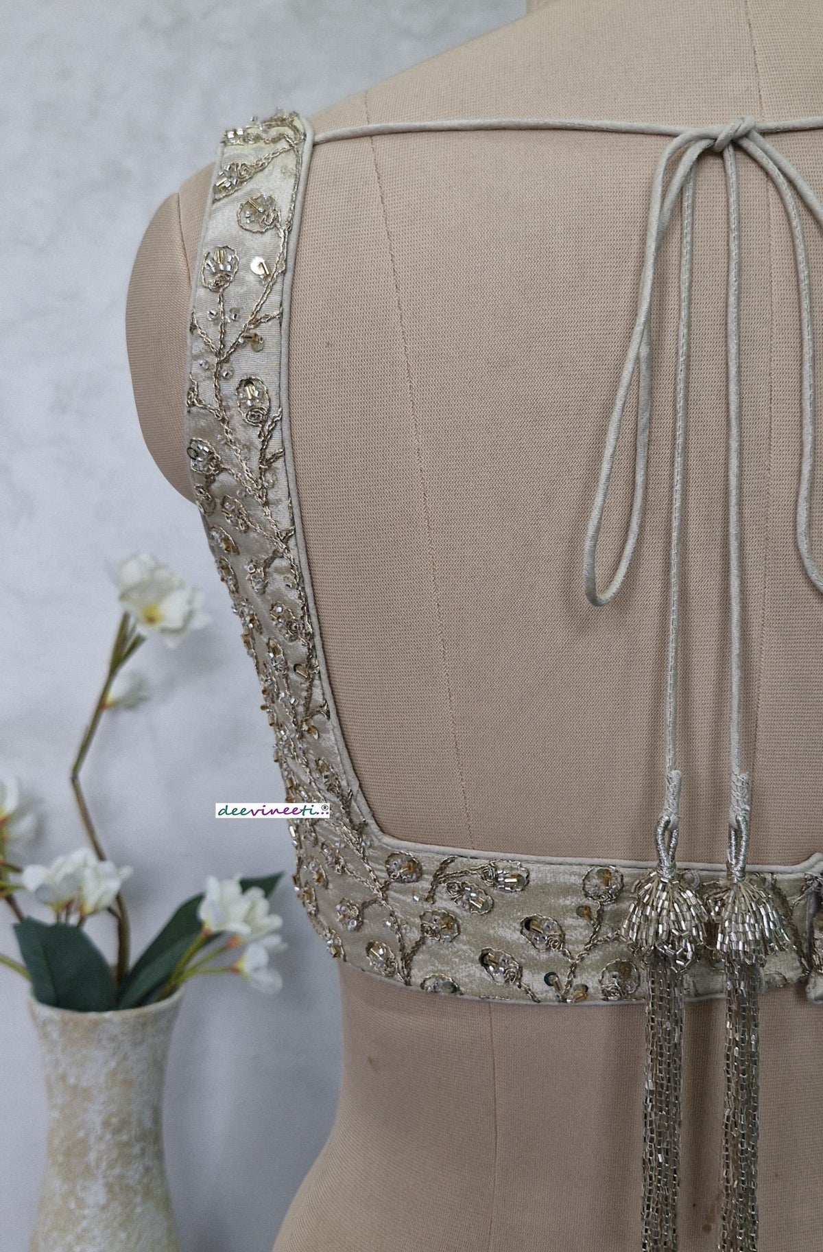 Cream Embroidered Tissue Silk Blouse Sweetheart Neck DVBL_404