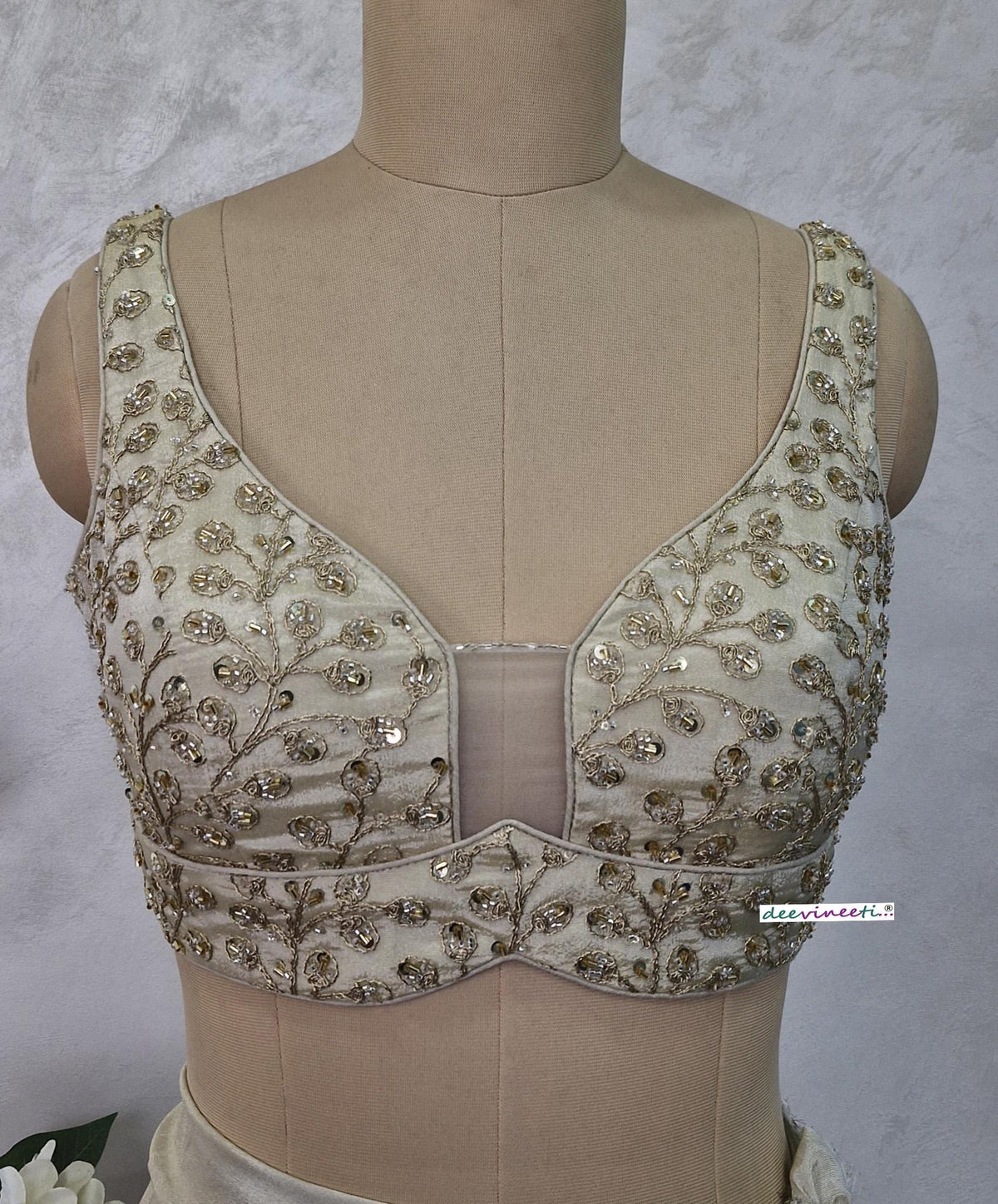 Cream Embroidered Tissue Silk Blouse Sweetheart Neck DVBL_404