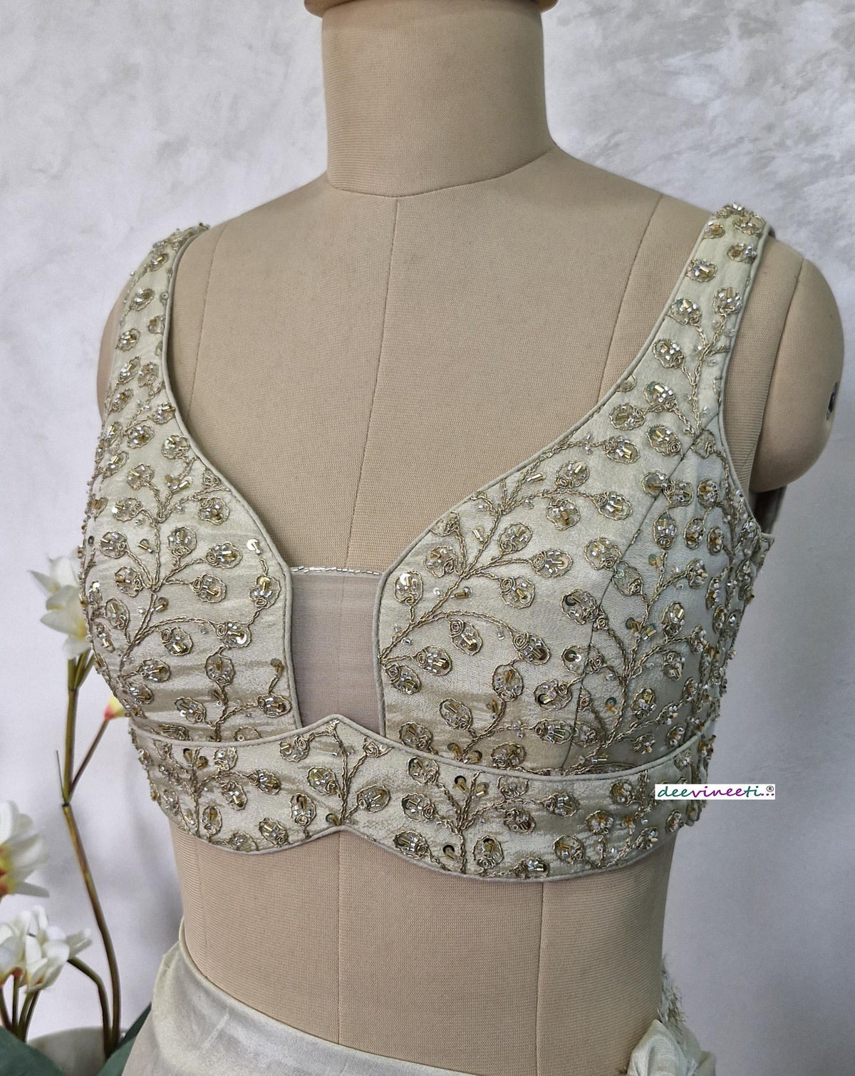 Cream Embroidered Tissue Silk Blouse Sweetheart Neck DVBL_404