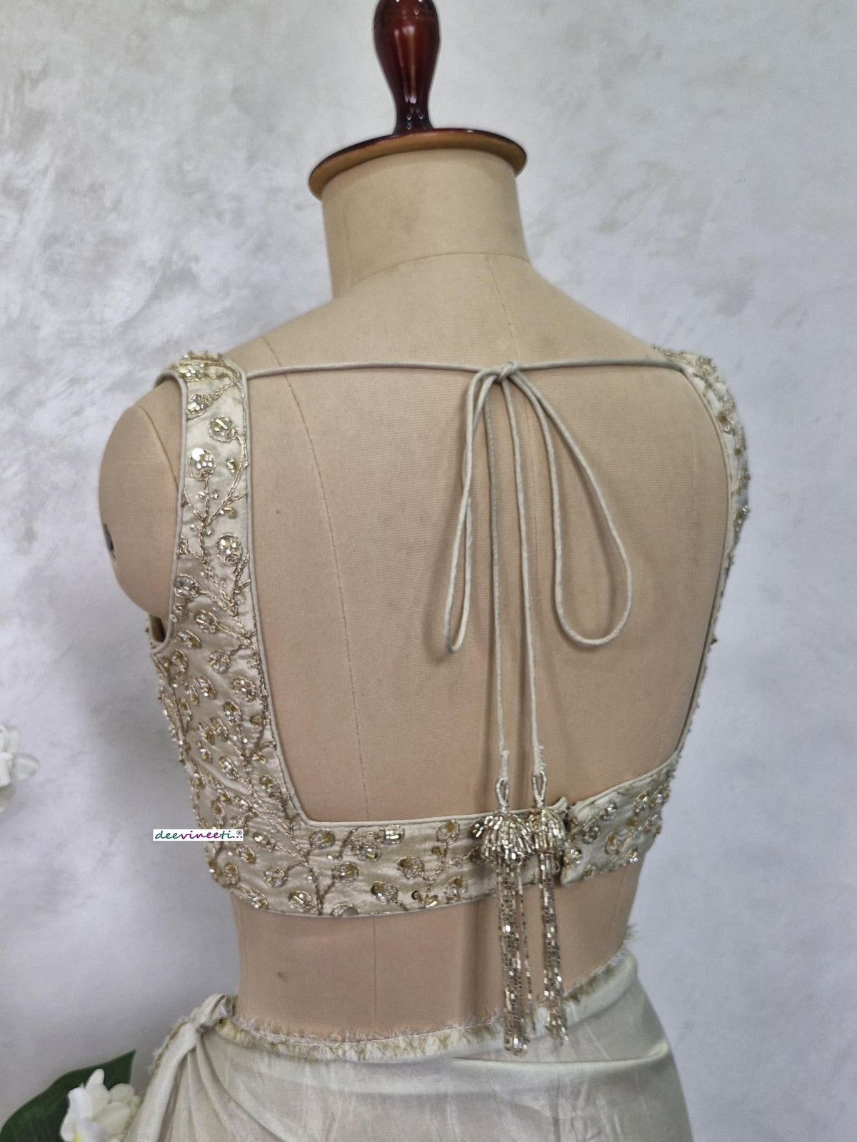 Cream Embroidered Tissue Silk Blouse Sweetheart Neck DVBL_404