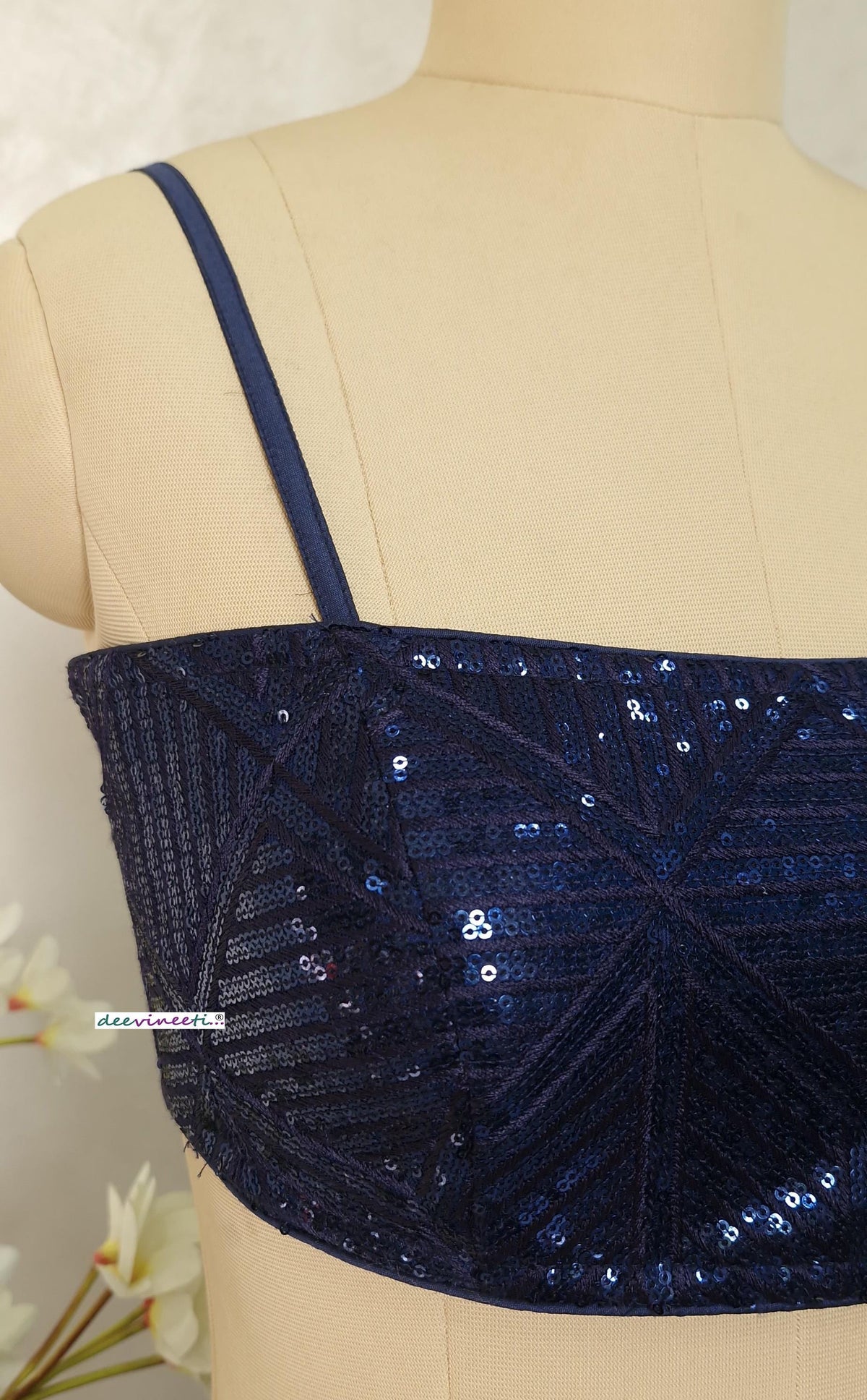 Deep Blue Sequin Embroidered Spaghetti Blouse DVBL_405