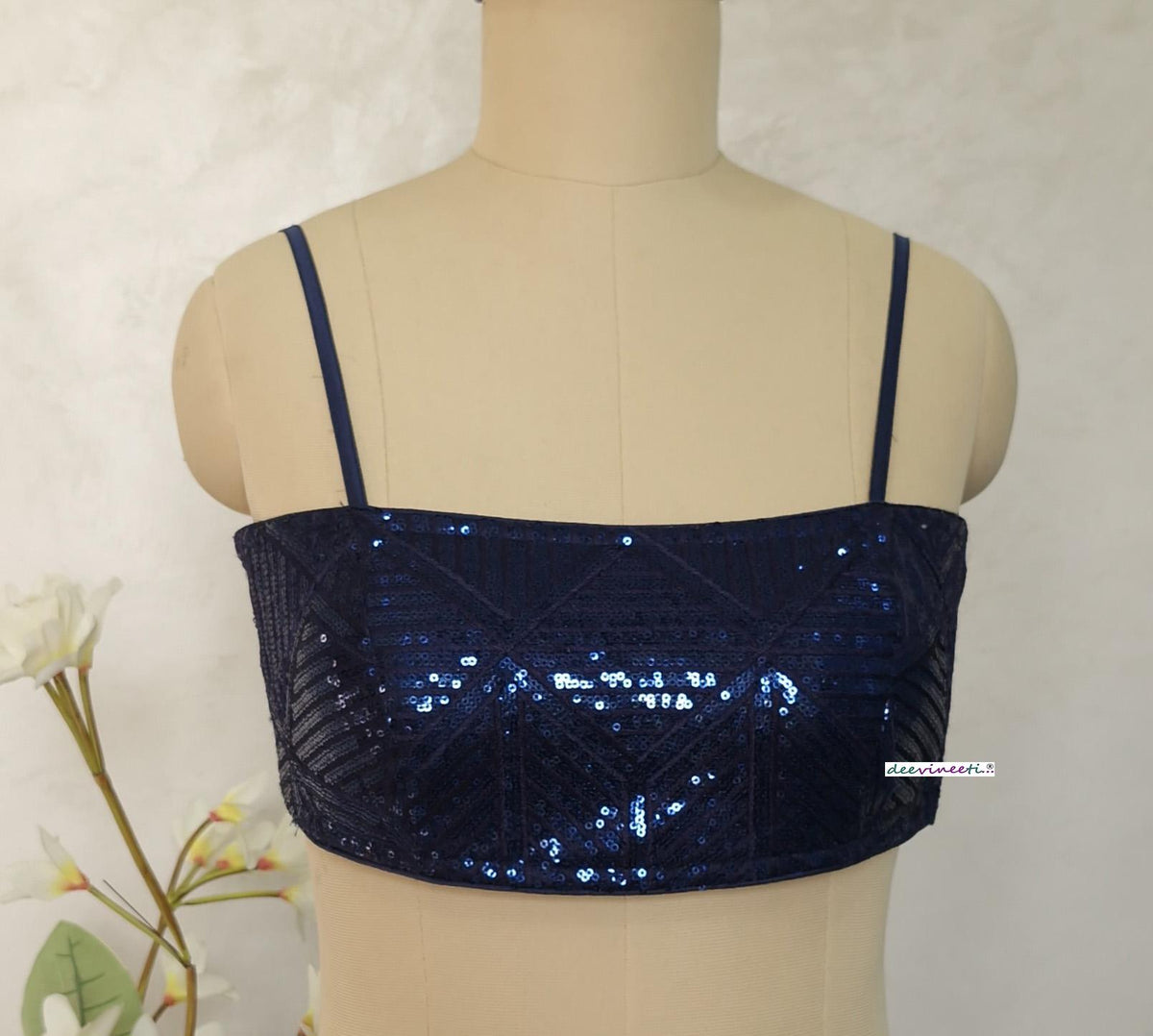 Deep Blue Sequin Embroidered Spaghetti Blouse DVBL_405