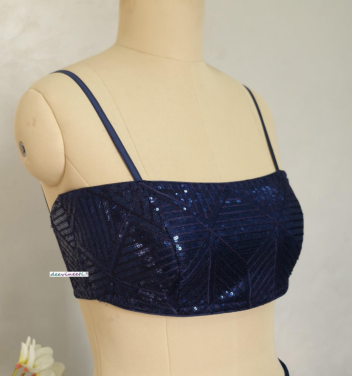 Deep Blue Sequin Embroidered Spaghetti Blouse DVBL_405