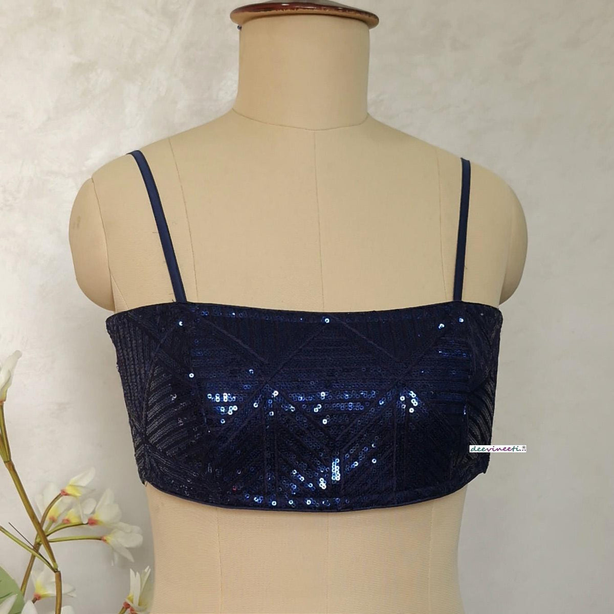 Deep Blue Sequin Embroidered Spaghetti Blouse DVBL_405