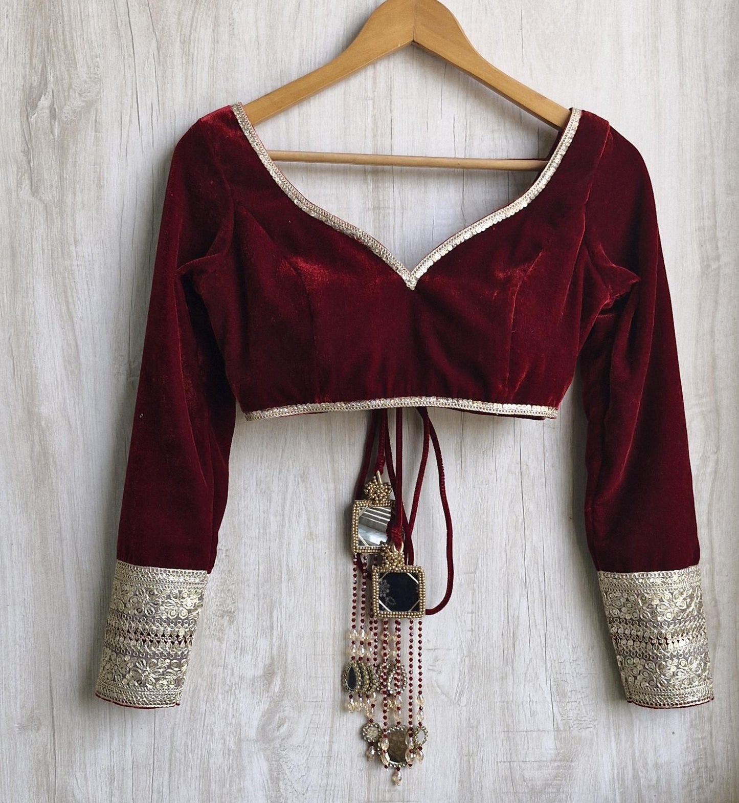 Deep Burgundy Velvet Saree Lehenga Blouse Long Sleeve