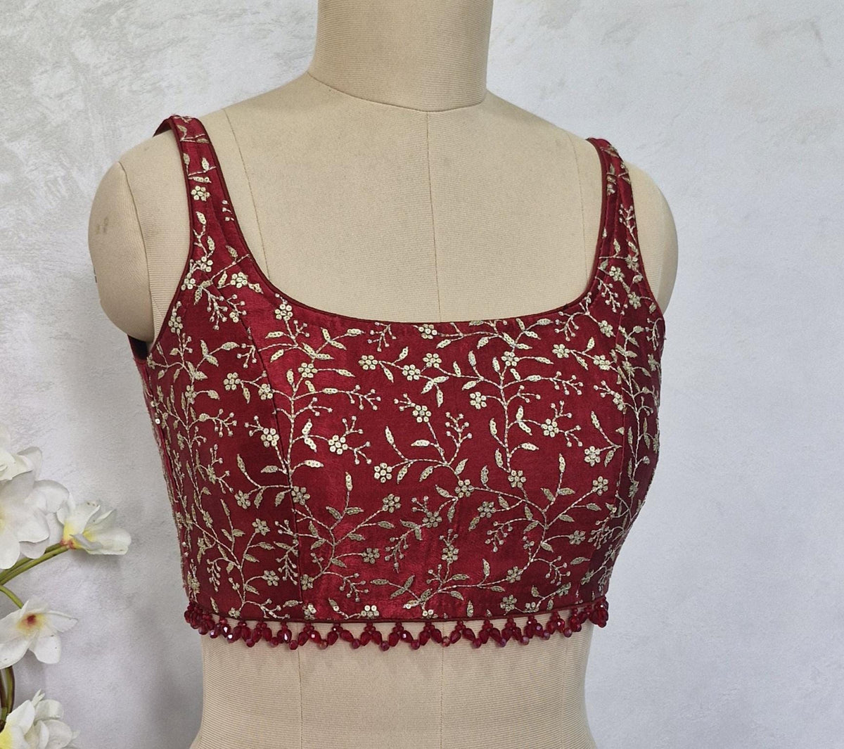 Maroon Embroidered Silk Blouse, Sleeveless DVBL_412