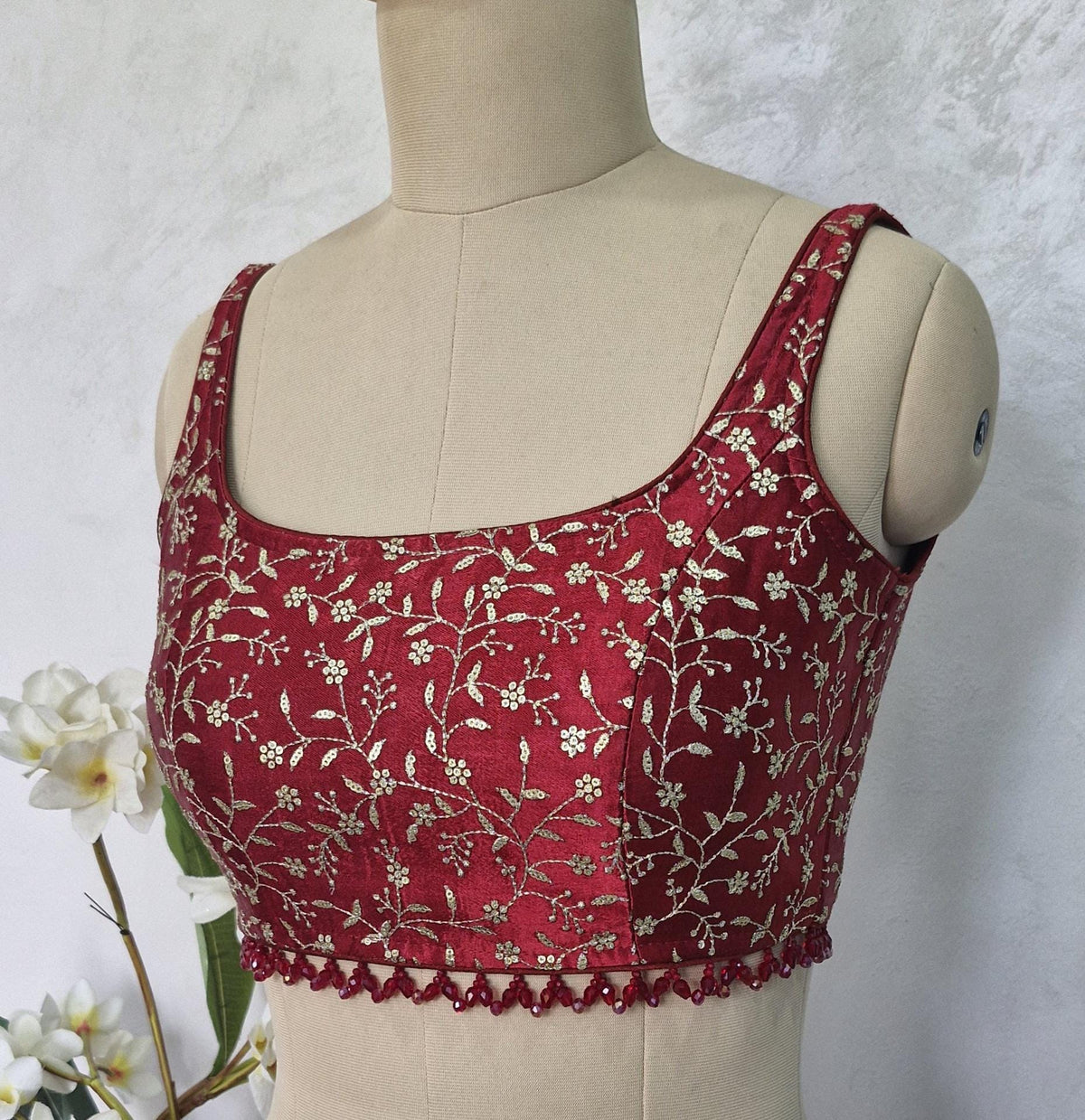 Maroon Embroidered Silk Blouse, Sleeveless DVBL_412