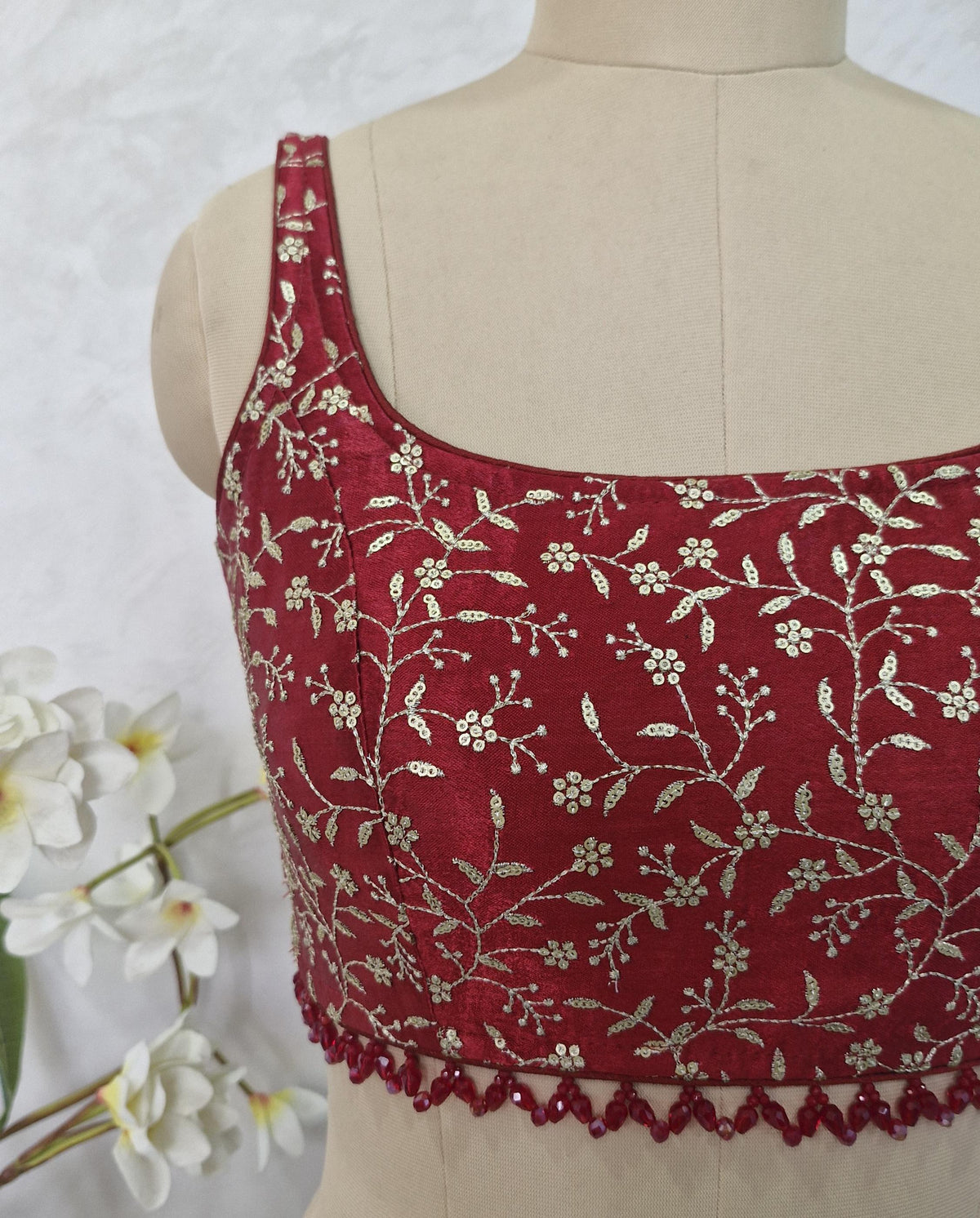 Maroon Embroidered Silk Blouse, Sleeveless DVBL_412
