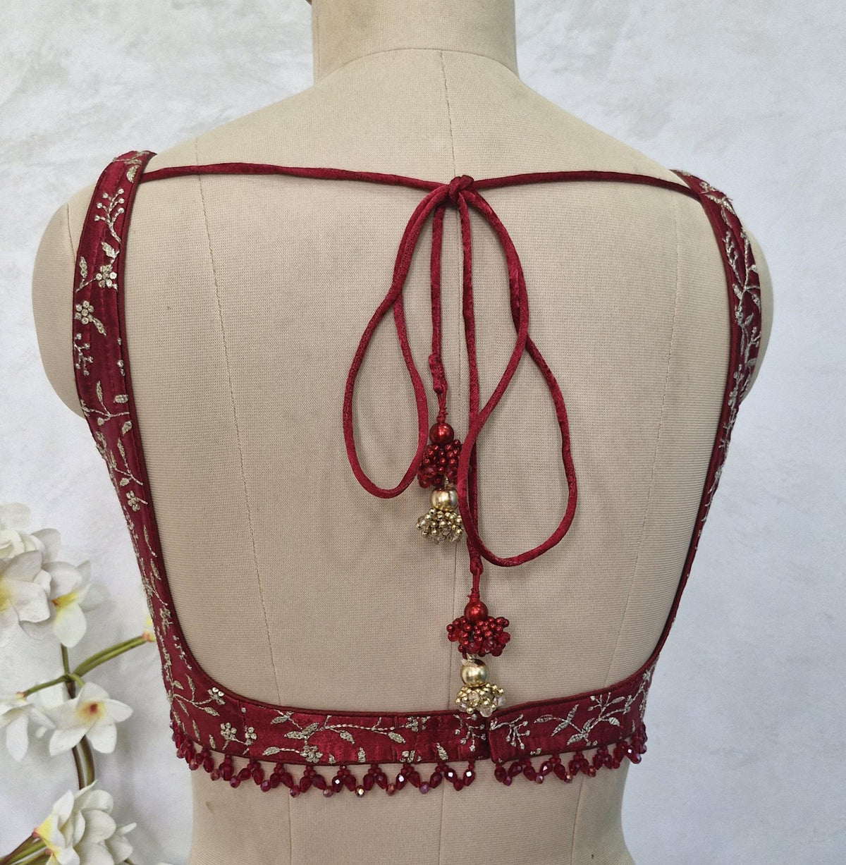 Maroon Embroidered Silk Blouse, Sleeveless DVBL_412