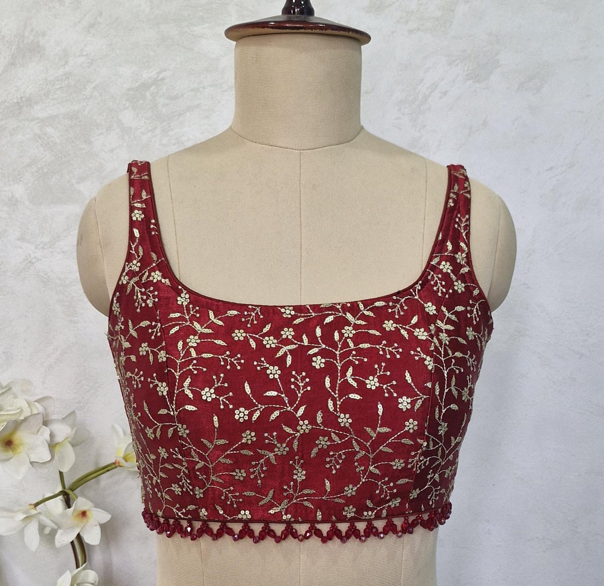 Maroon Embroidered Silk Blouse, Sleeveless DVBL_412