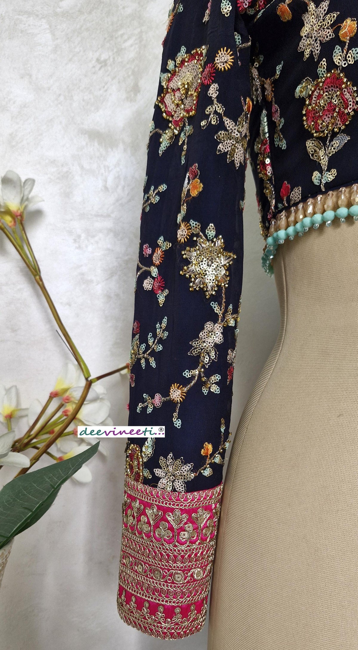 Embroidered Georgette Blouse, Deep Blue, Sweetheart Neck DVBL_401