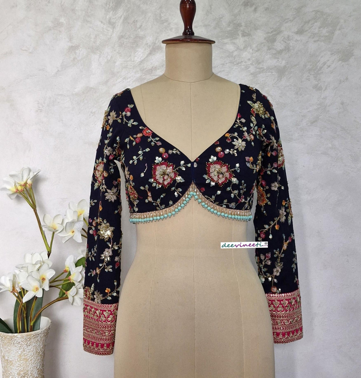 Embroidered Georgette Blouse, Deep Blue, Sweetheart Neck DVBL_401