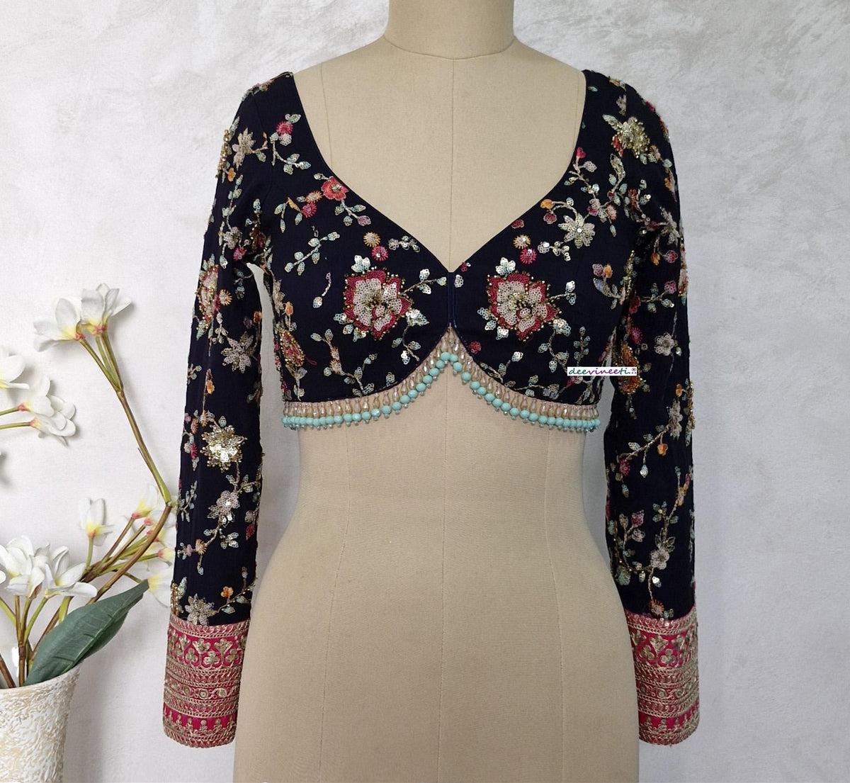 Embroidered Georgette Blouse, Deep Blue, Sweetheart Neck DVBL_401