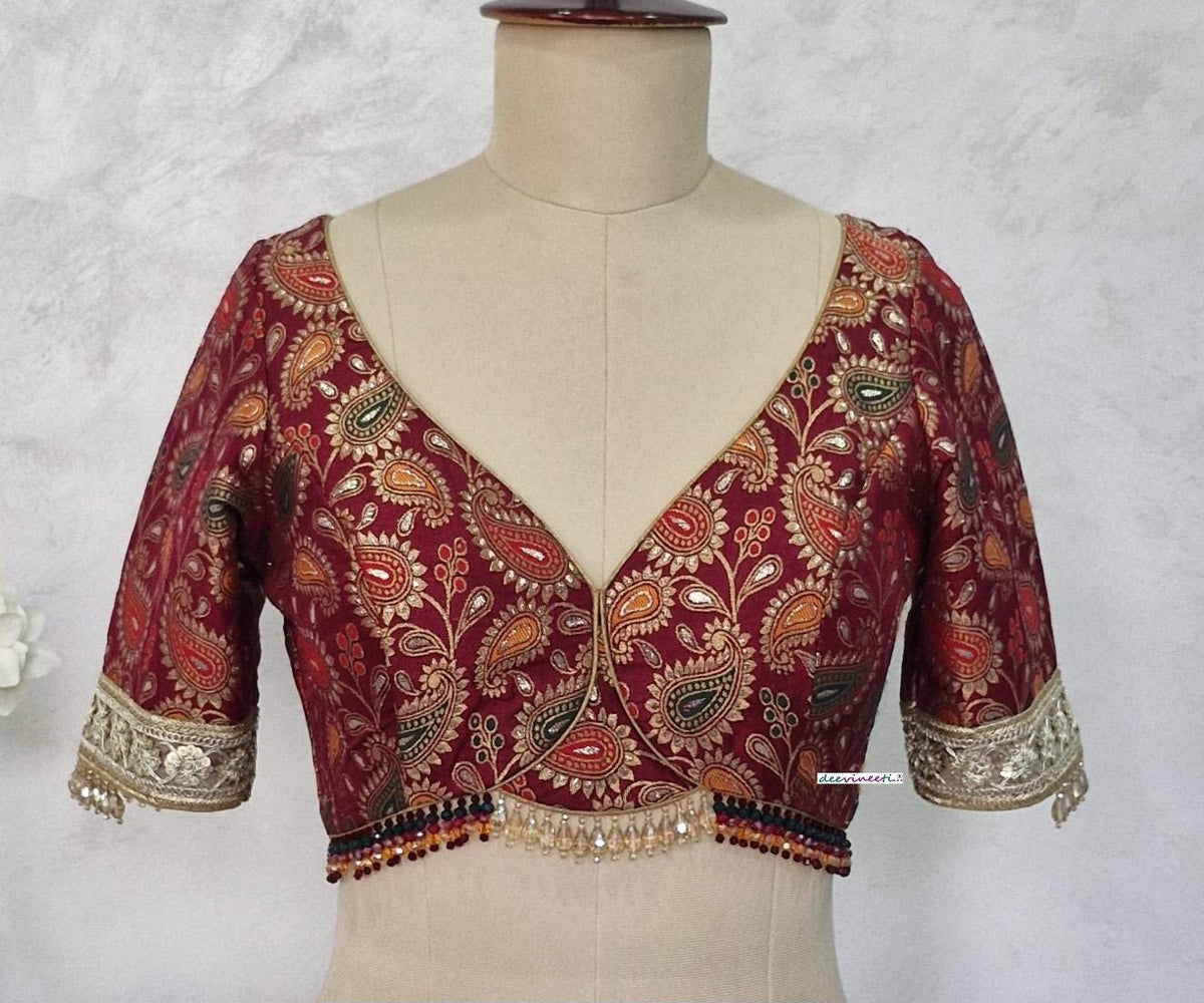Maroon Brocade Blouse, Deep Sweetheart Neck DVBL_403