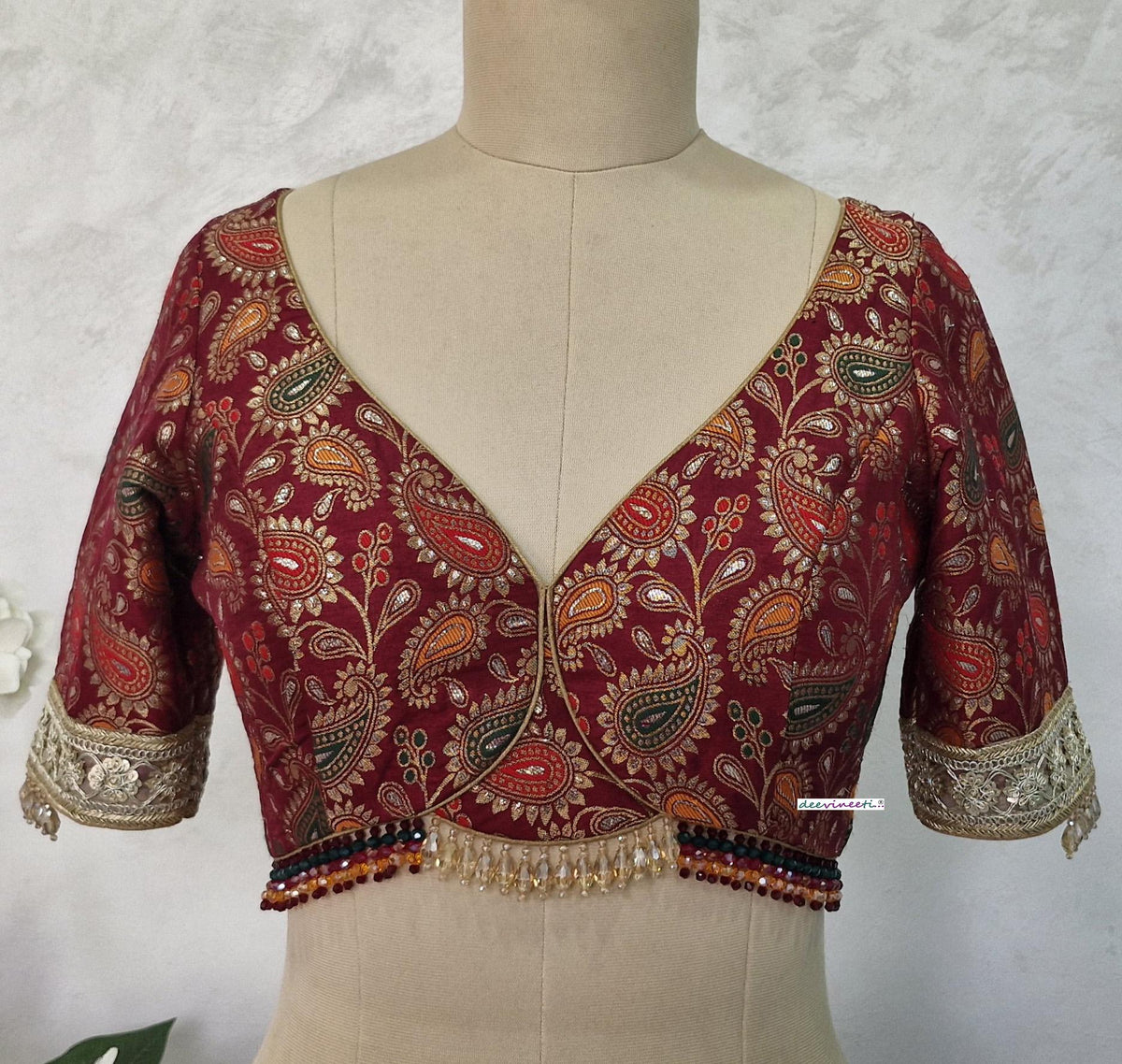 Maroon Brocade Blouse, Deep Sweetheart Neck DVBL_403
