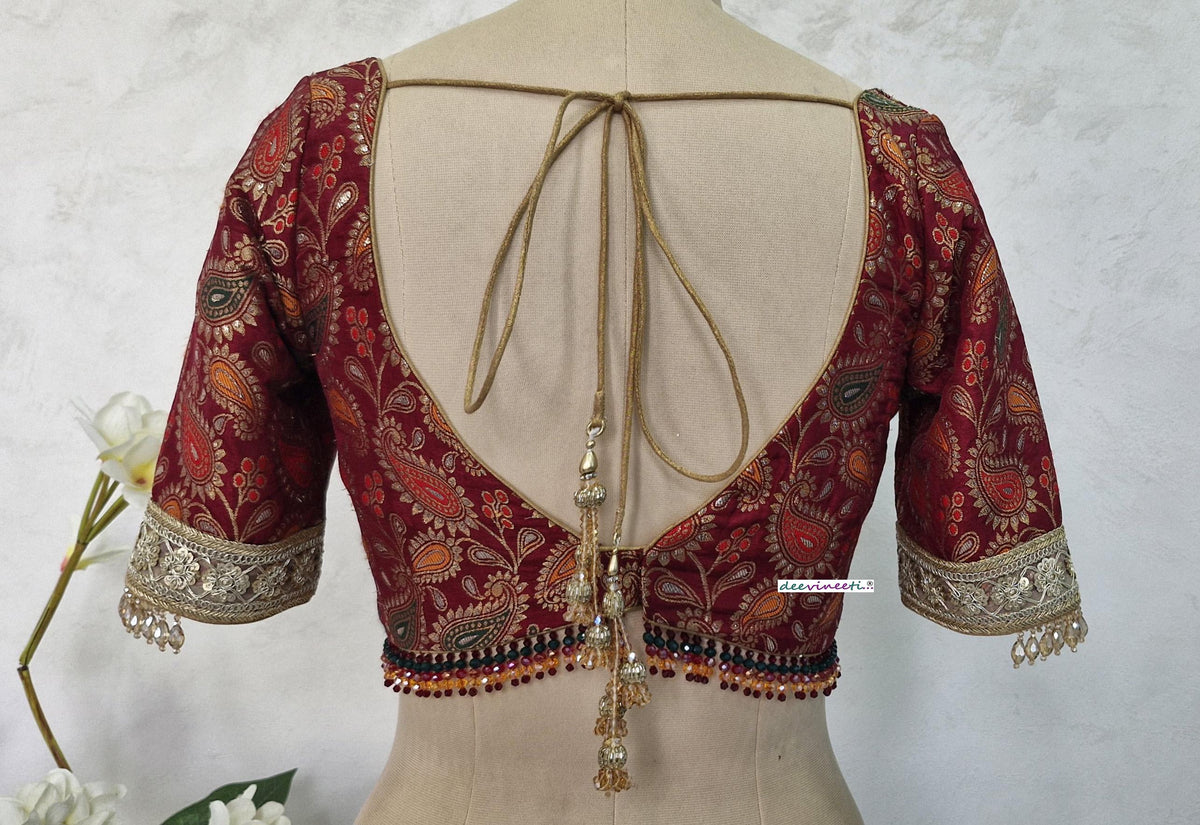 Maroon Brocade Blouse, Deep Sweetheart Neck DVBL_403