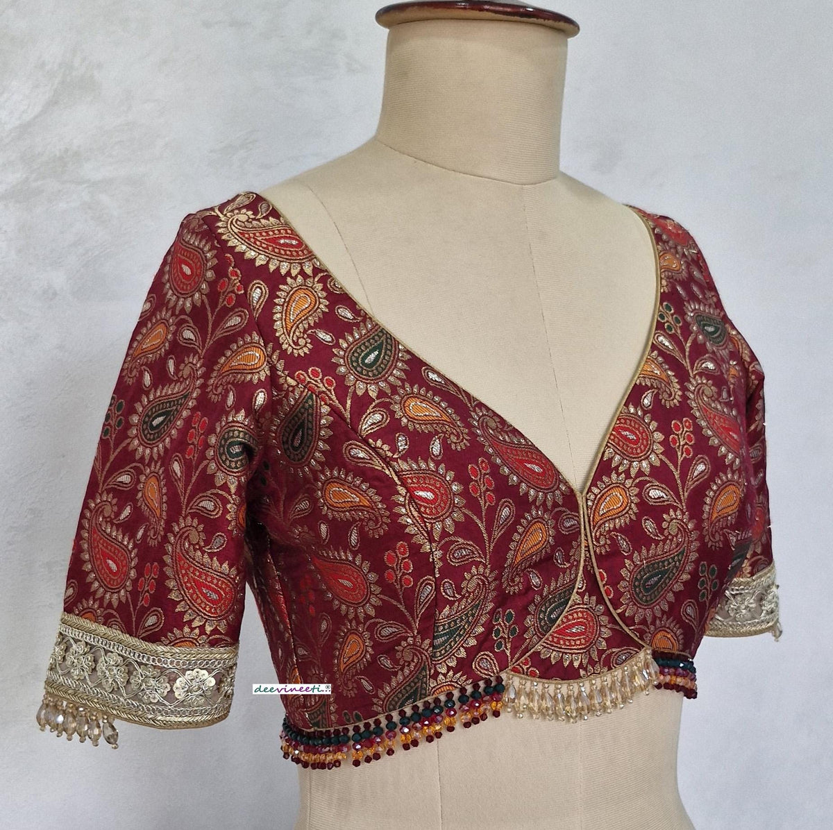 Maroon Brocade Blouse, Deep Sweetheart Neck DVBL_403
