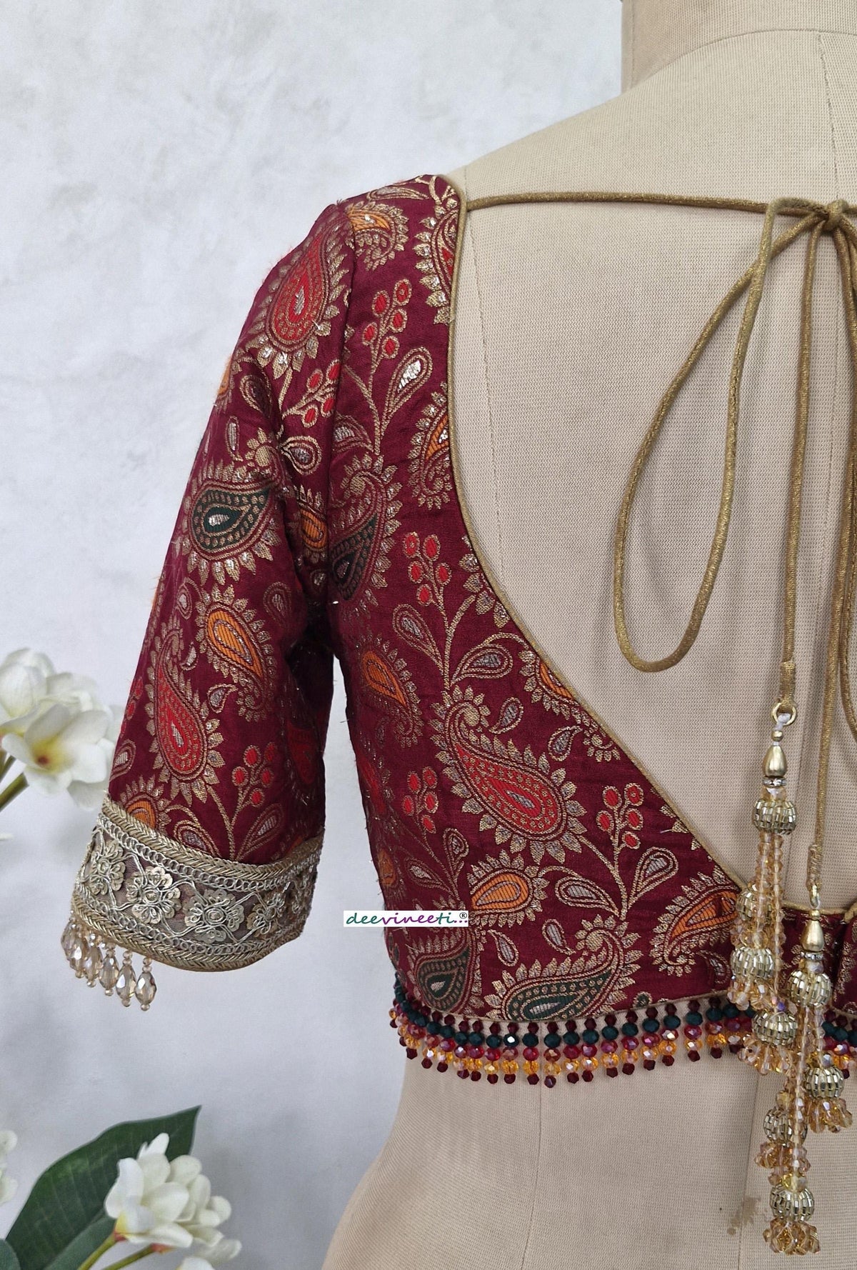 Maroon Brocade Blouse, Deep Sweetheart Neck DVBL_403