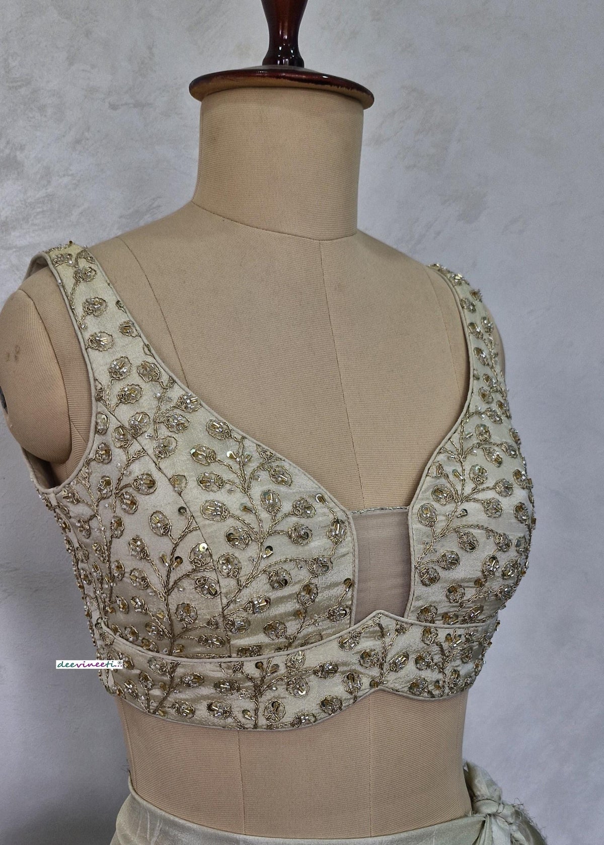 Cream Embroidered Tissue Silk Blouse Sweetheart Neck DVBL_404