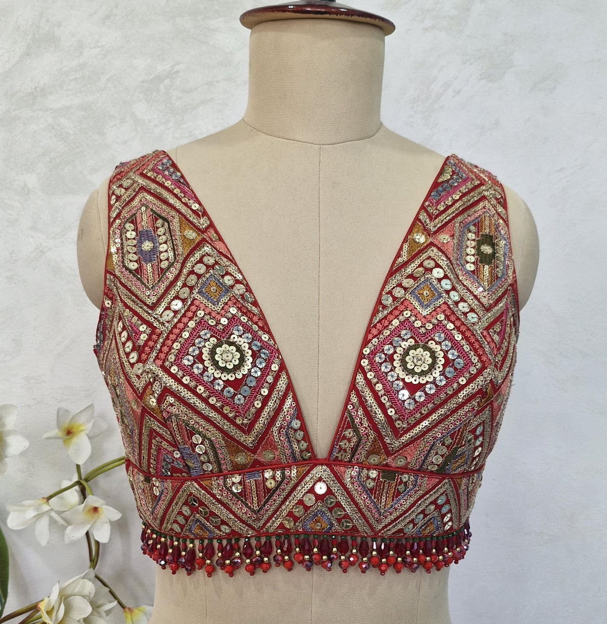 Red Embroidered Plunge Neckline Blouse DVBL_413