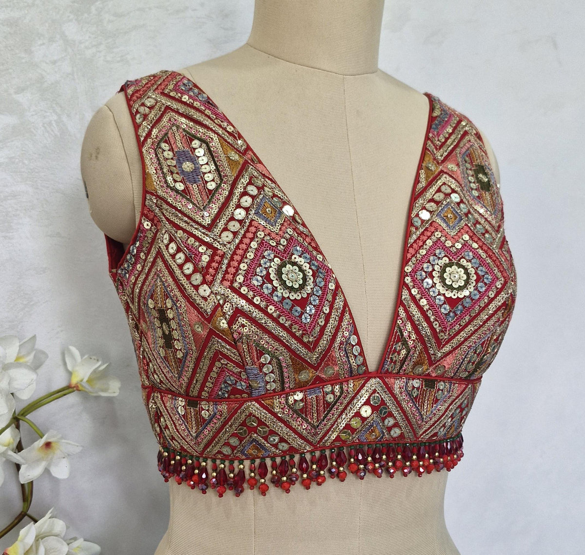 Red Embroidered Plunge Neckline Blouse DVBL_413