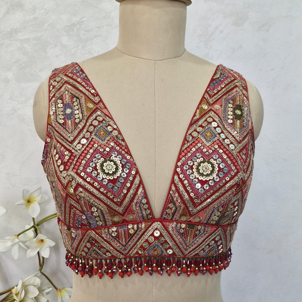 Red Embroidered Plunge Neckline Blouse DVBL_413