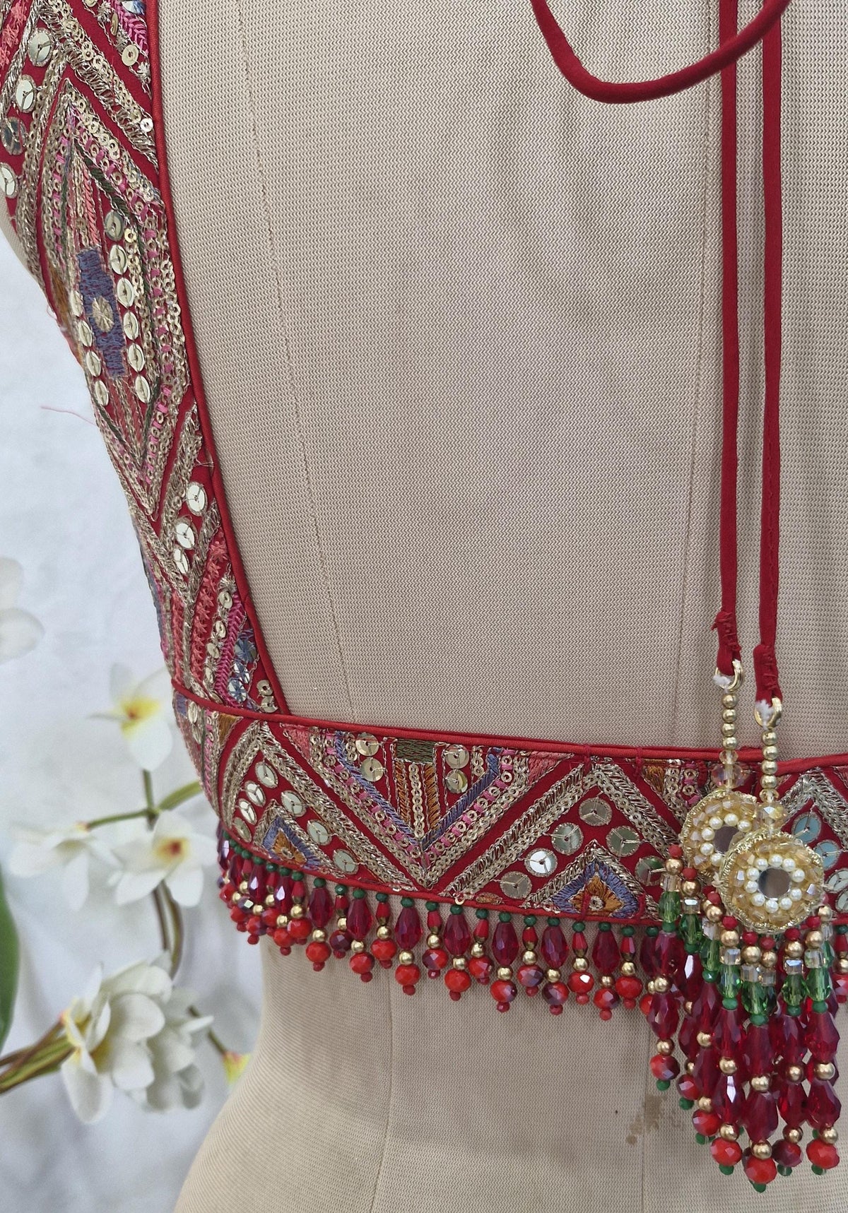 Red Embroidered Plunge Neckline Blouse DVBL_413