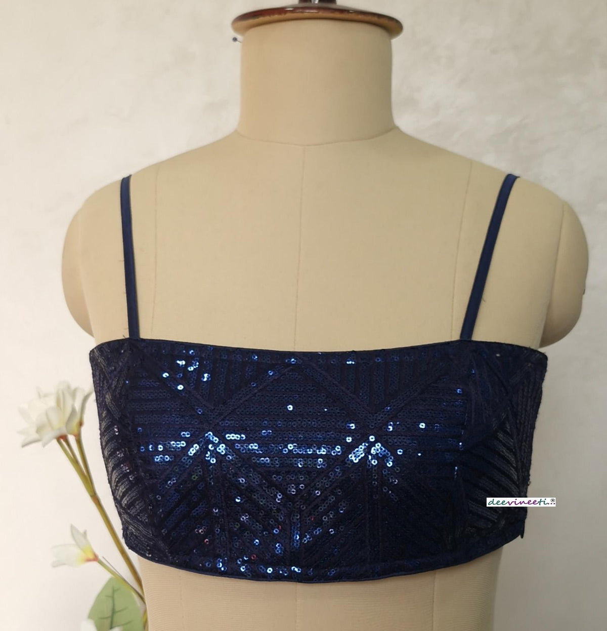 Deep Blue Sequin Embroidered Spaghetti Blouse DVBL_405