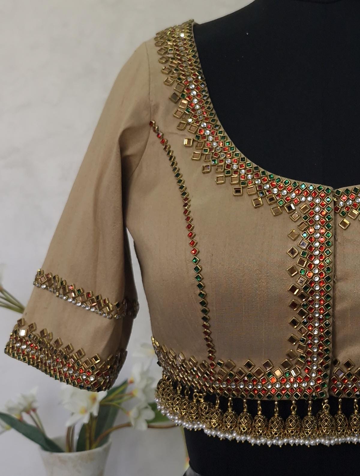 Dark Gold Hand-Embellished Raw Silk Blouse DVBL_416