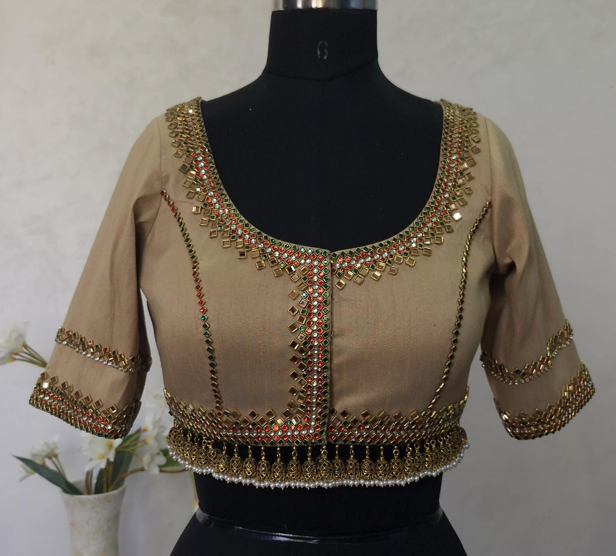 Dark Gold Hand-Embellished Raw Silk Blouse DVBL_416