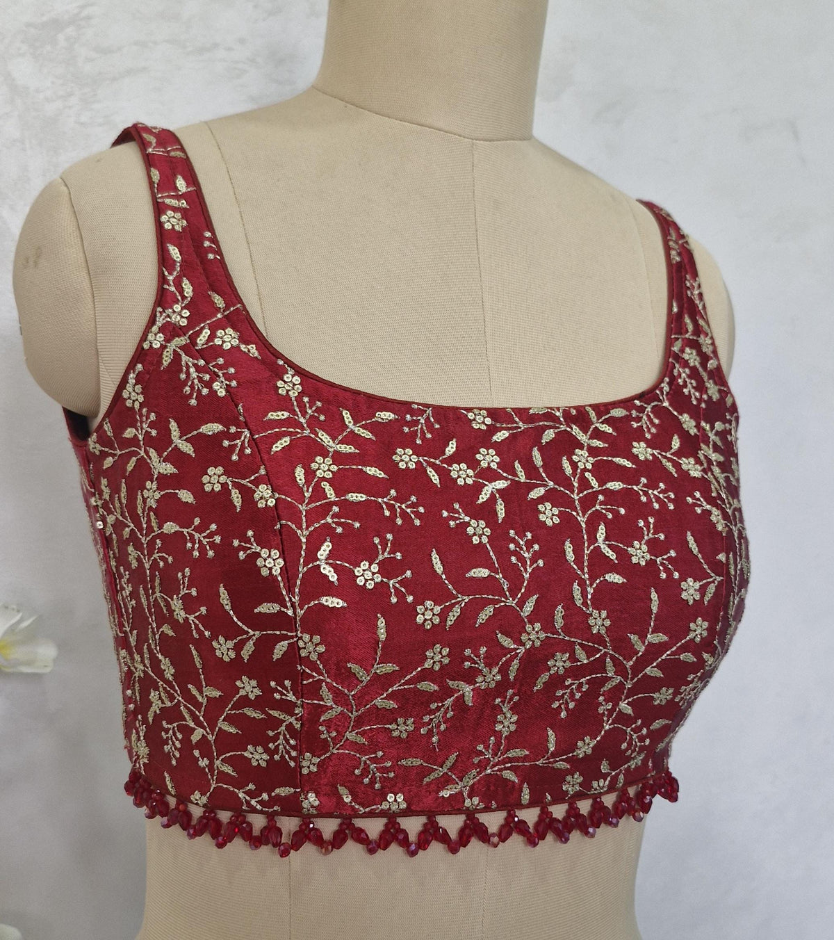 Maroon Embroidered Silk Blouse, Sleeveless DVBL_412