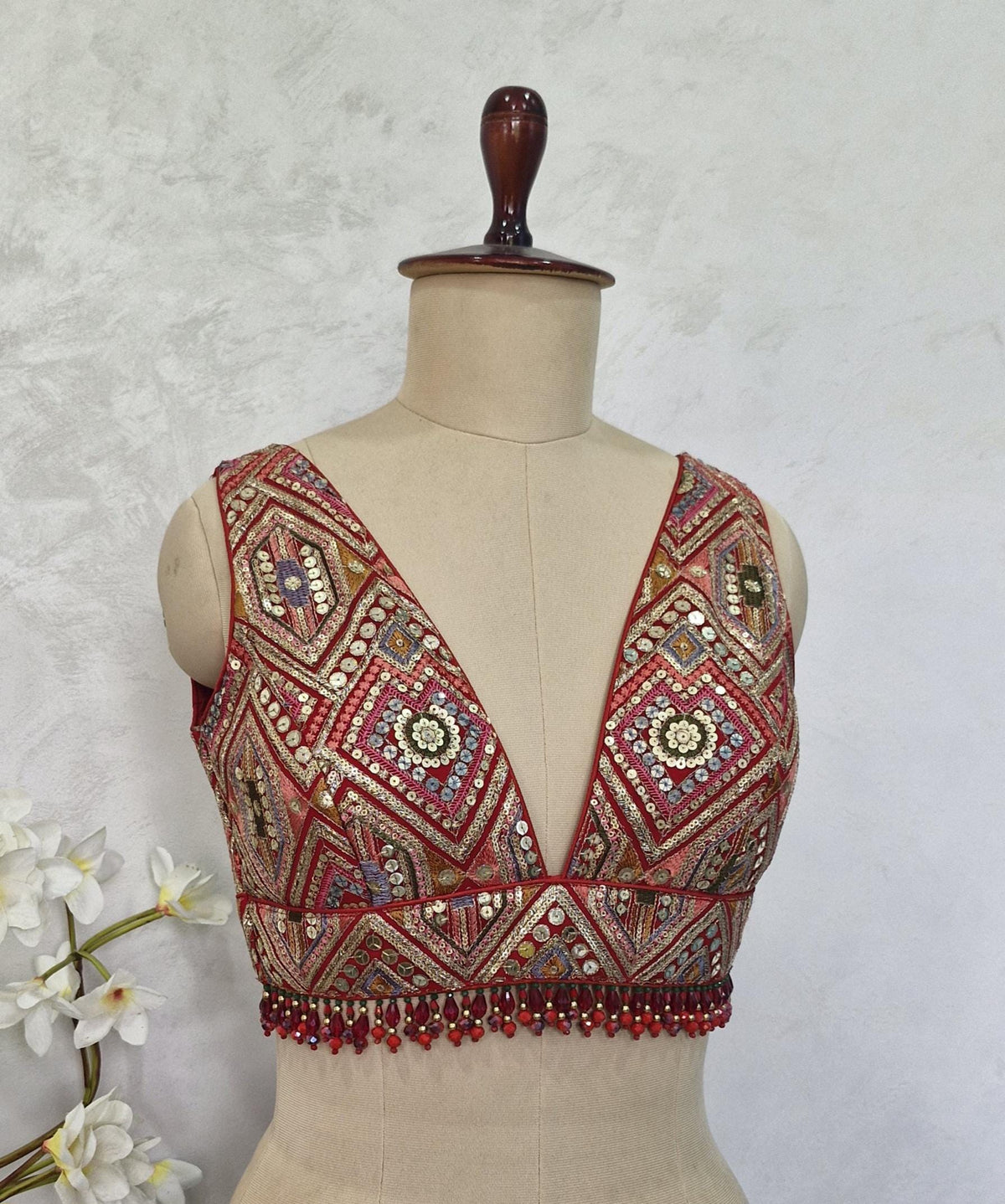 Red Embroidered Plunge Neckline Blouse DVBL_413
