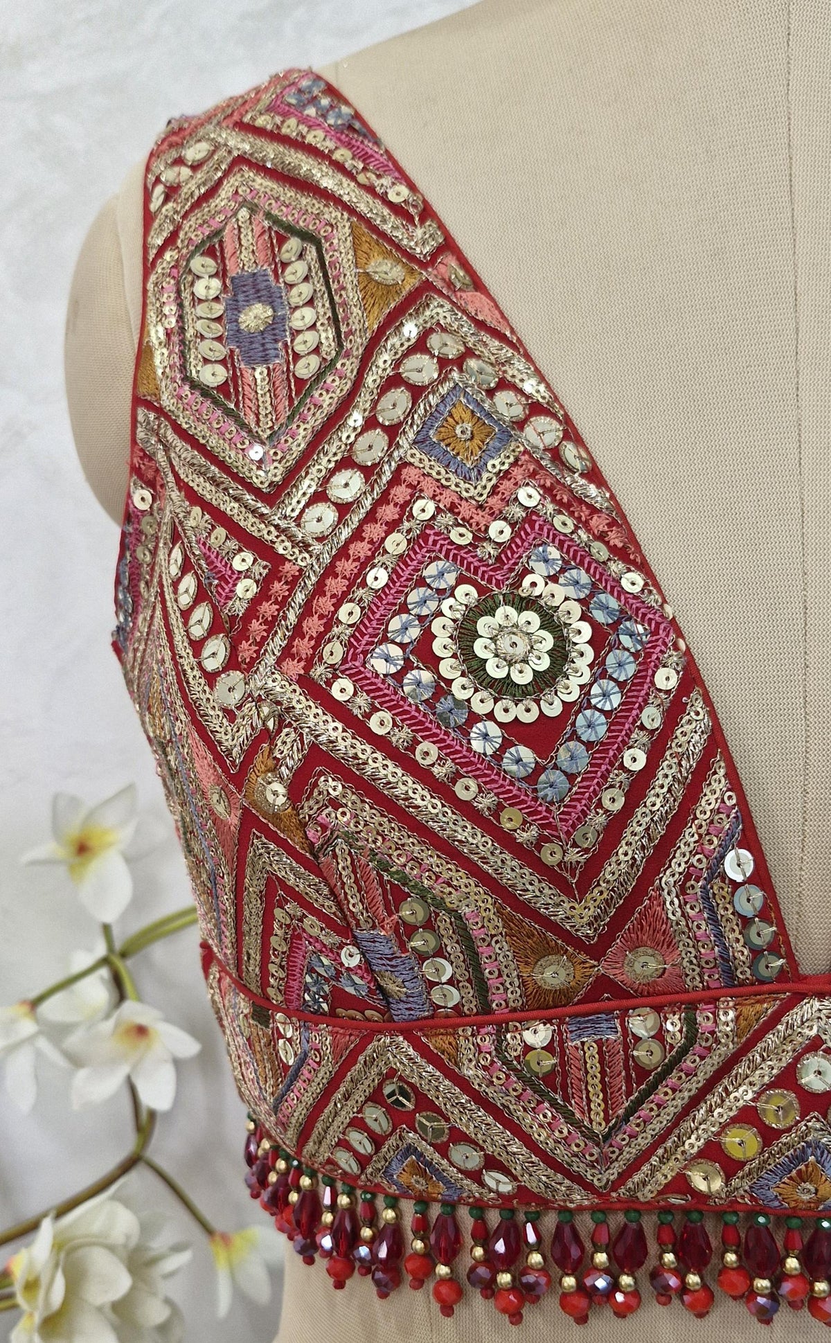Red Embroidered Plunge Neckline Blouse DVBL_413
