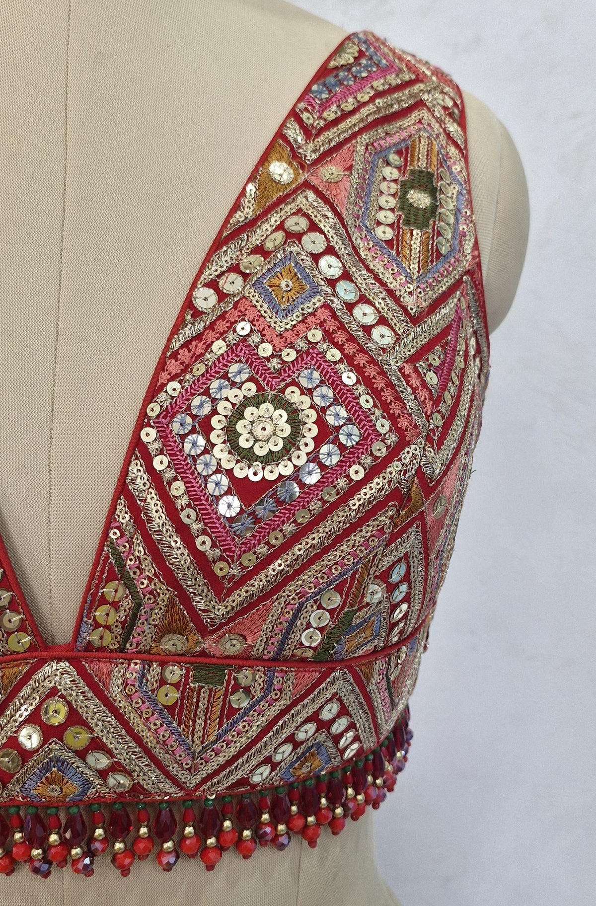 Red Embroidered Plunge Neckline Blouse DVBL_413