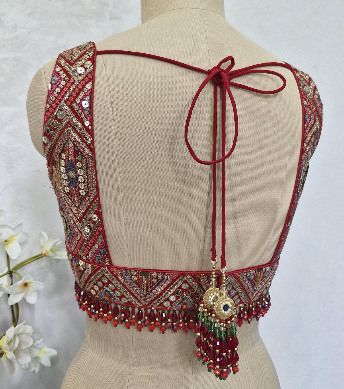Red Embroidered Plunge Neckline Blouse DVBL_413
