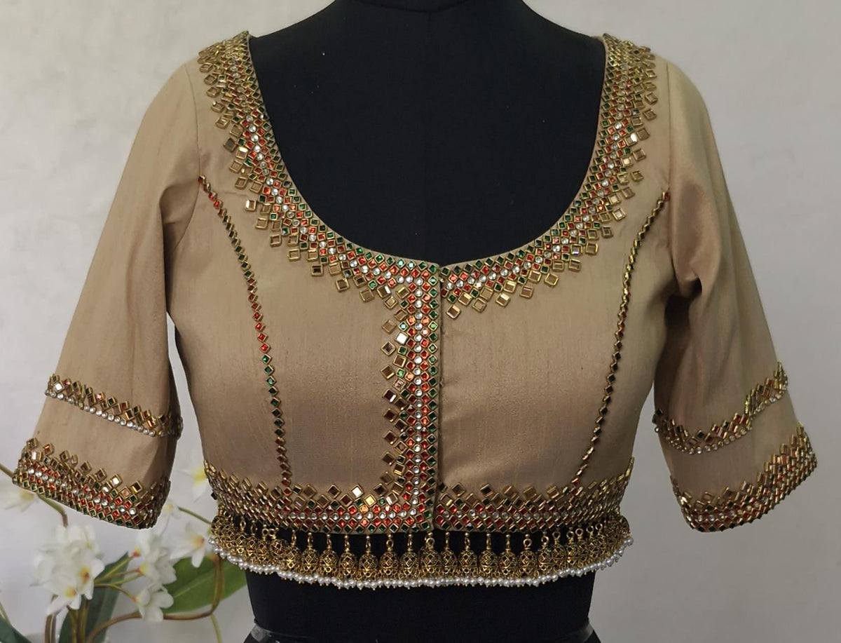 Dark Gold Hand-Embellished Raw Silk Blouse DVBL_416