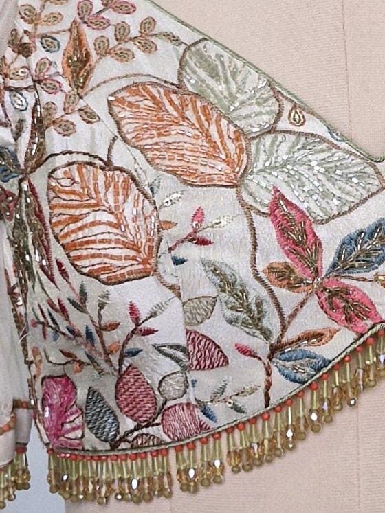 Hand Embroidered Silk Blouse, Cream Tissue, Sweetheart Neck, DVBL_422