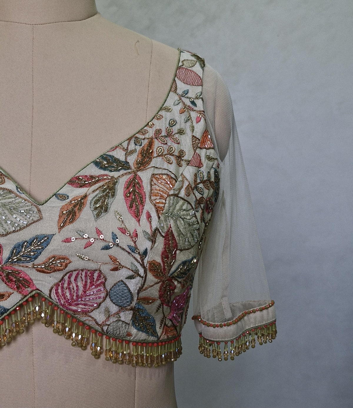Hand Embroidered Silk Blouse, Cream Tissue, Sweetheart Neck, DVBL_422