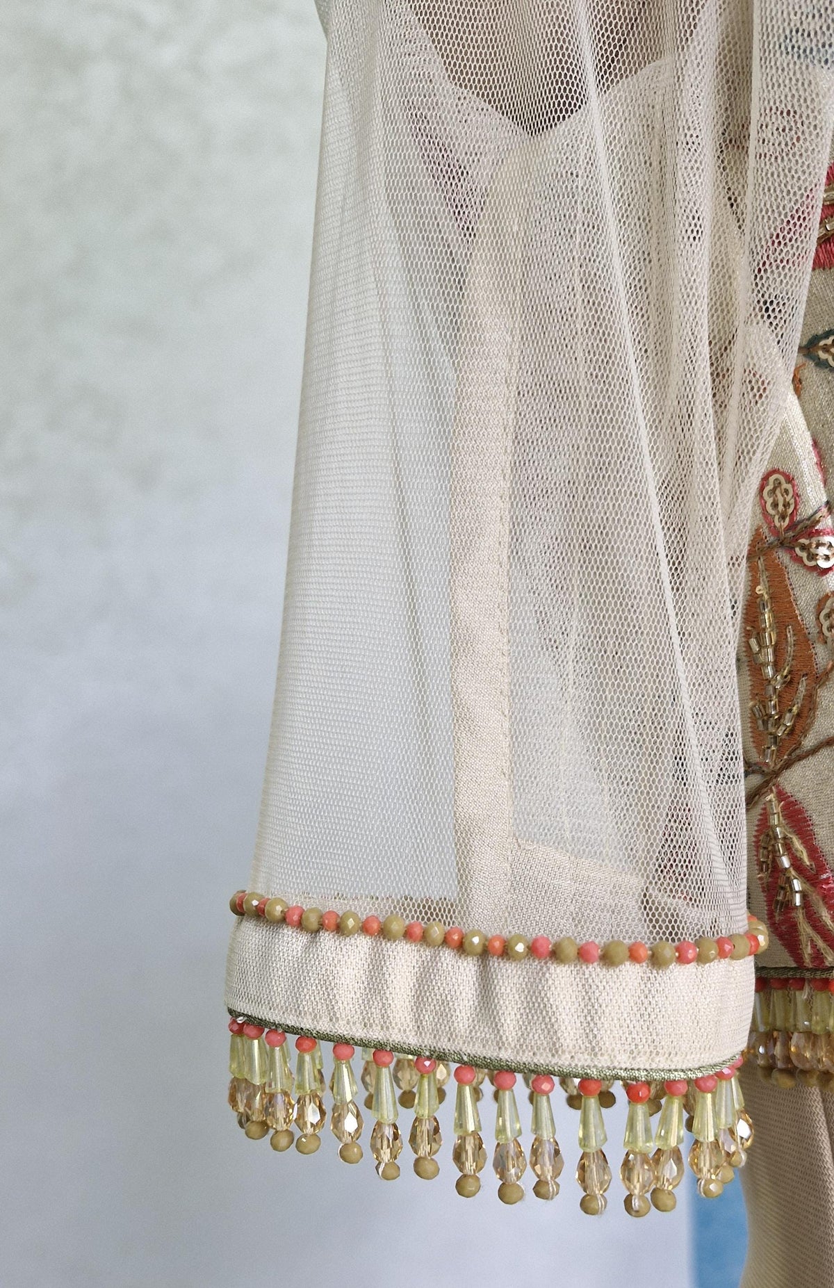 Hand Embroidered Silk Blouse, Cream Tissue, Sweetheart Neck, DVBL_422