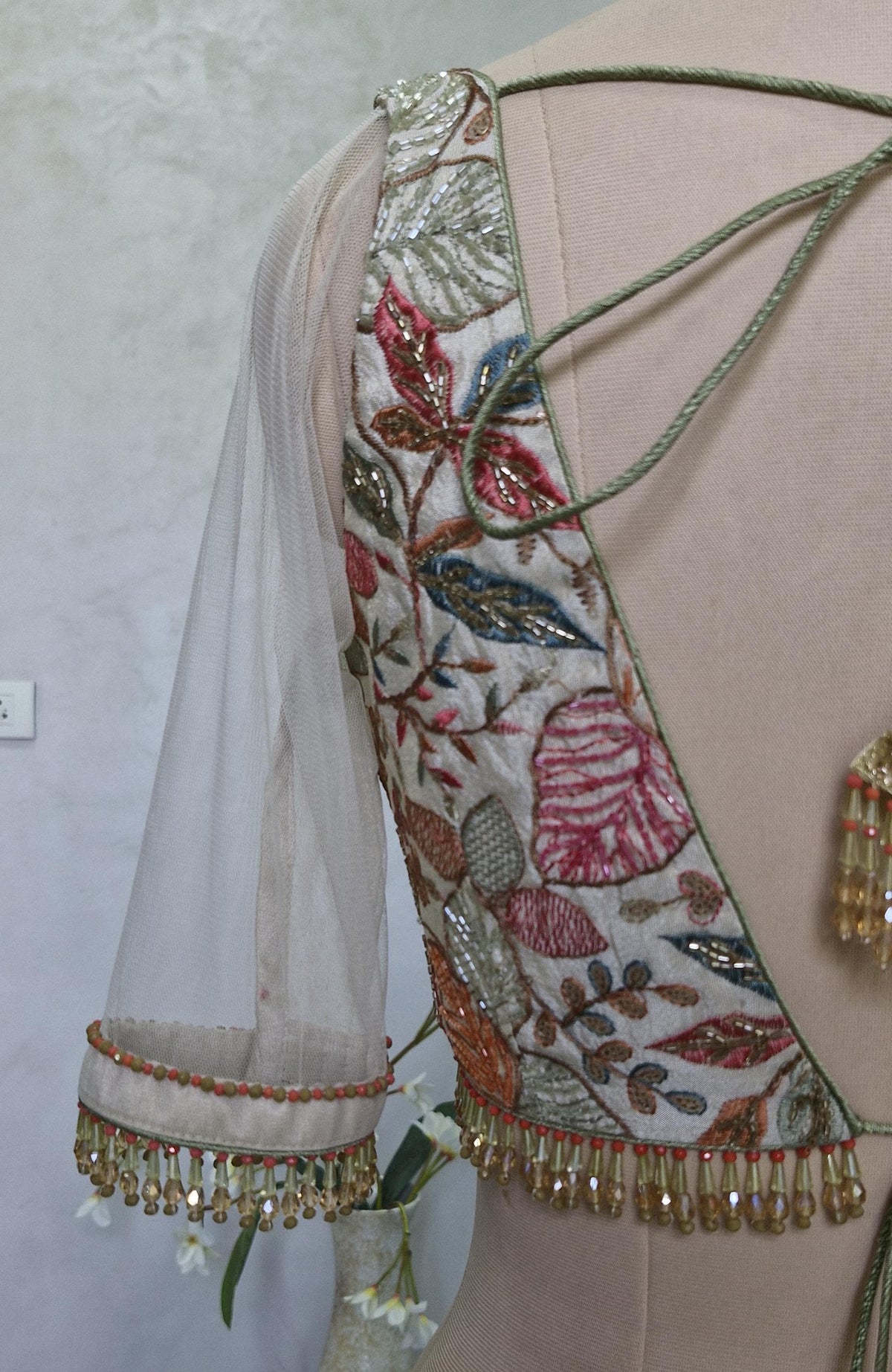 Hand Embroidered Silk Blouse, Cream Tissue, Sweetheart Neck, DVBL_422