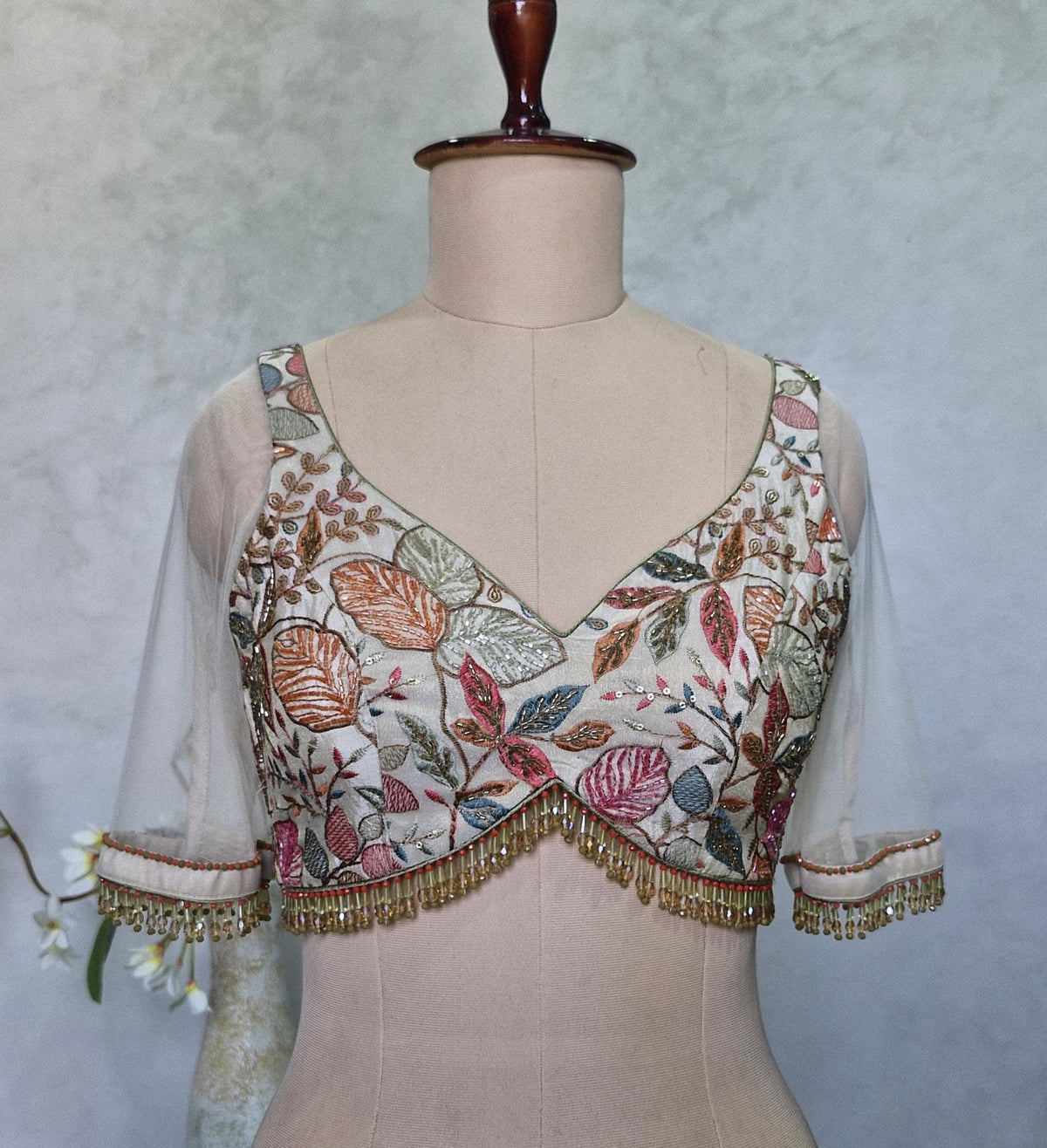 Hand Embroidered Silk Blouse, Cream Tissue, Sweetheart Neck, DVBL_422