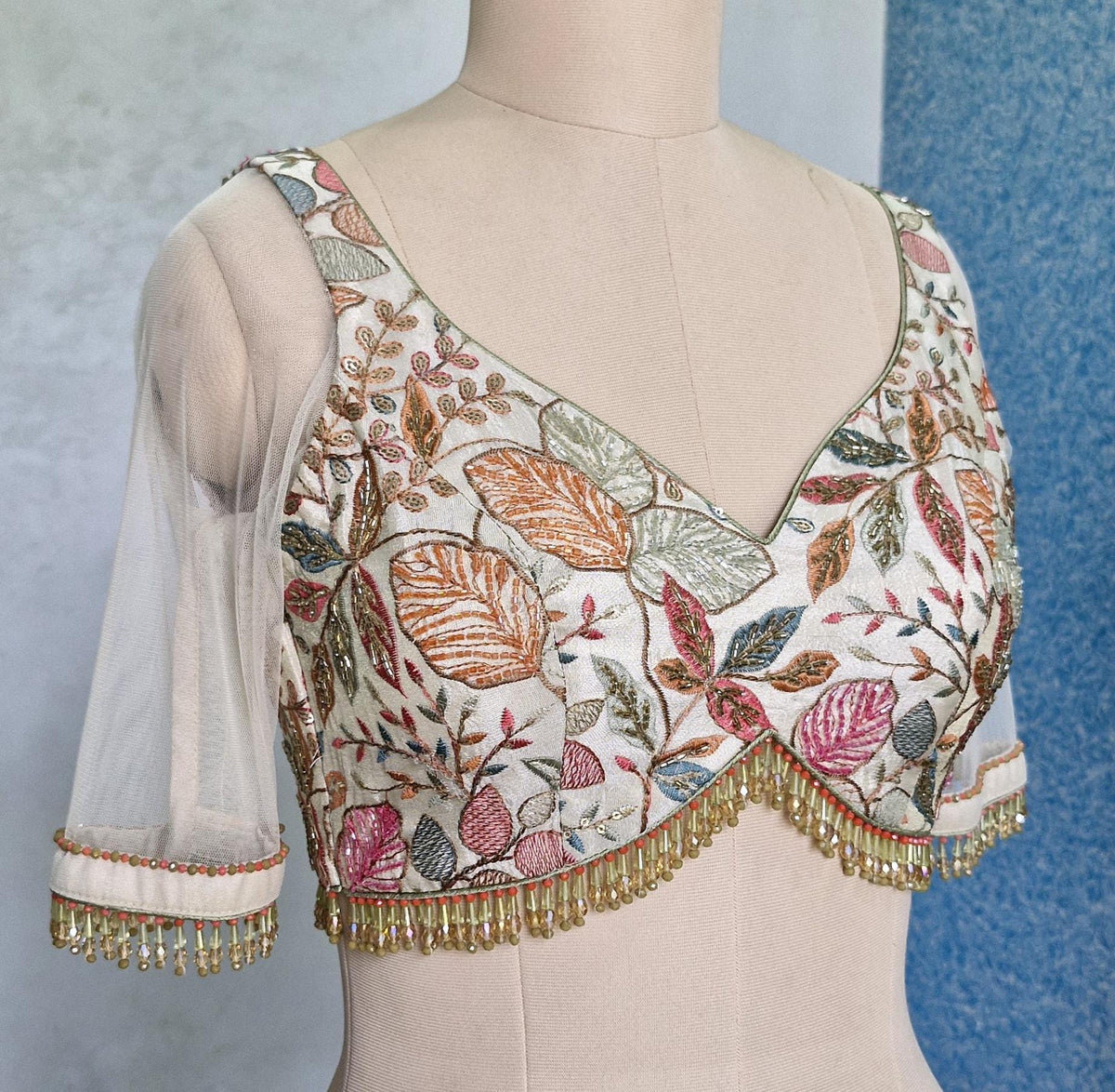 Hand Embroidered Silk Blouse, Cream Tissue, Sweetheart Neck, DVBL_422